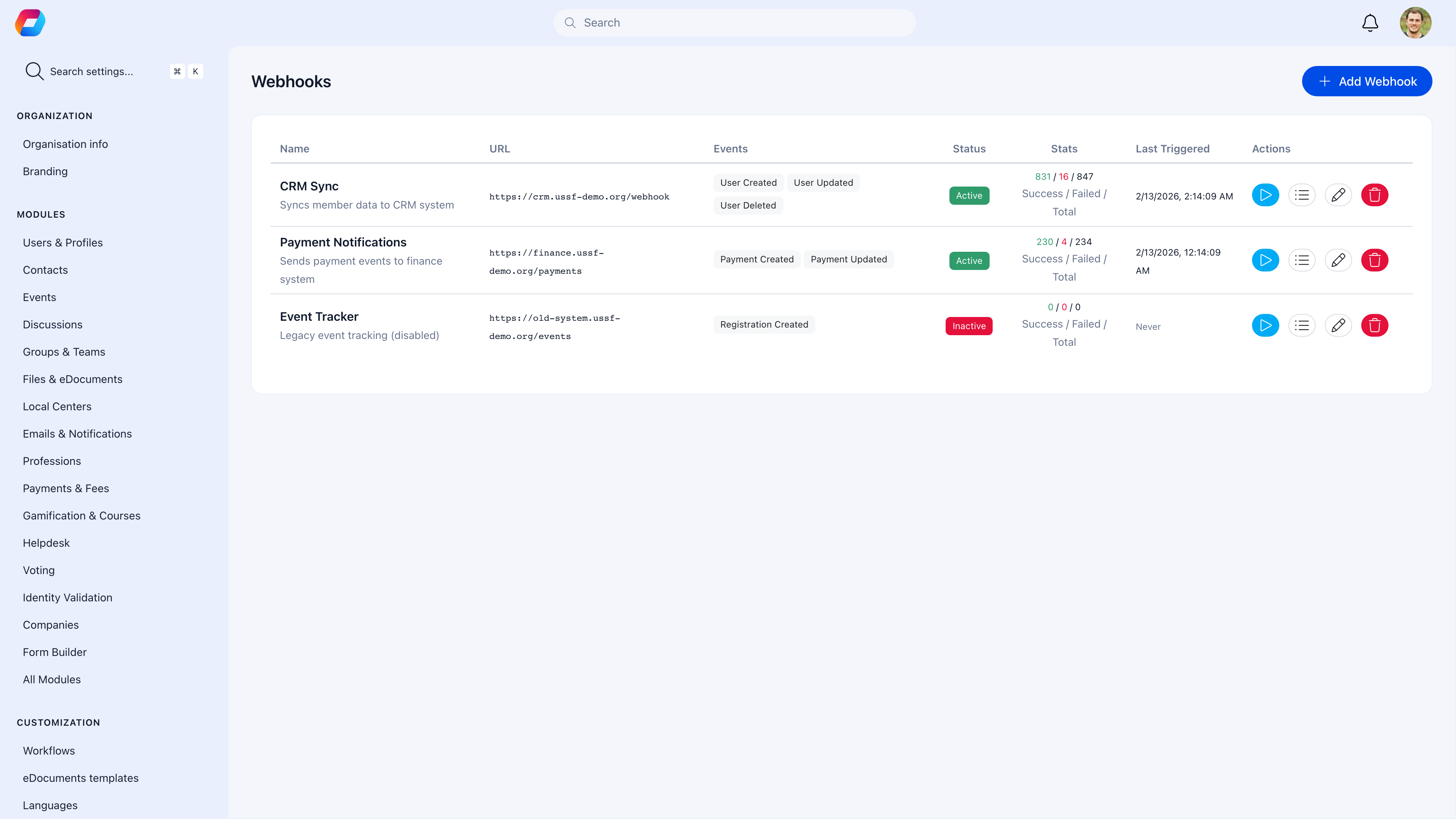 Webhooks management page showing configured subscriptions with delivery stats