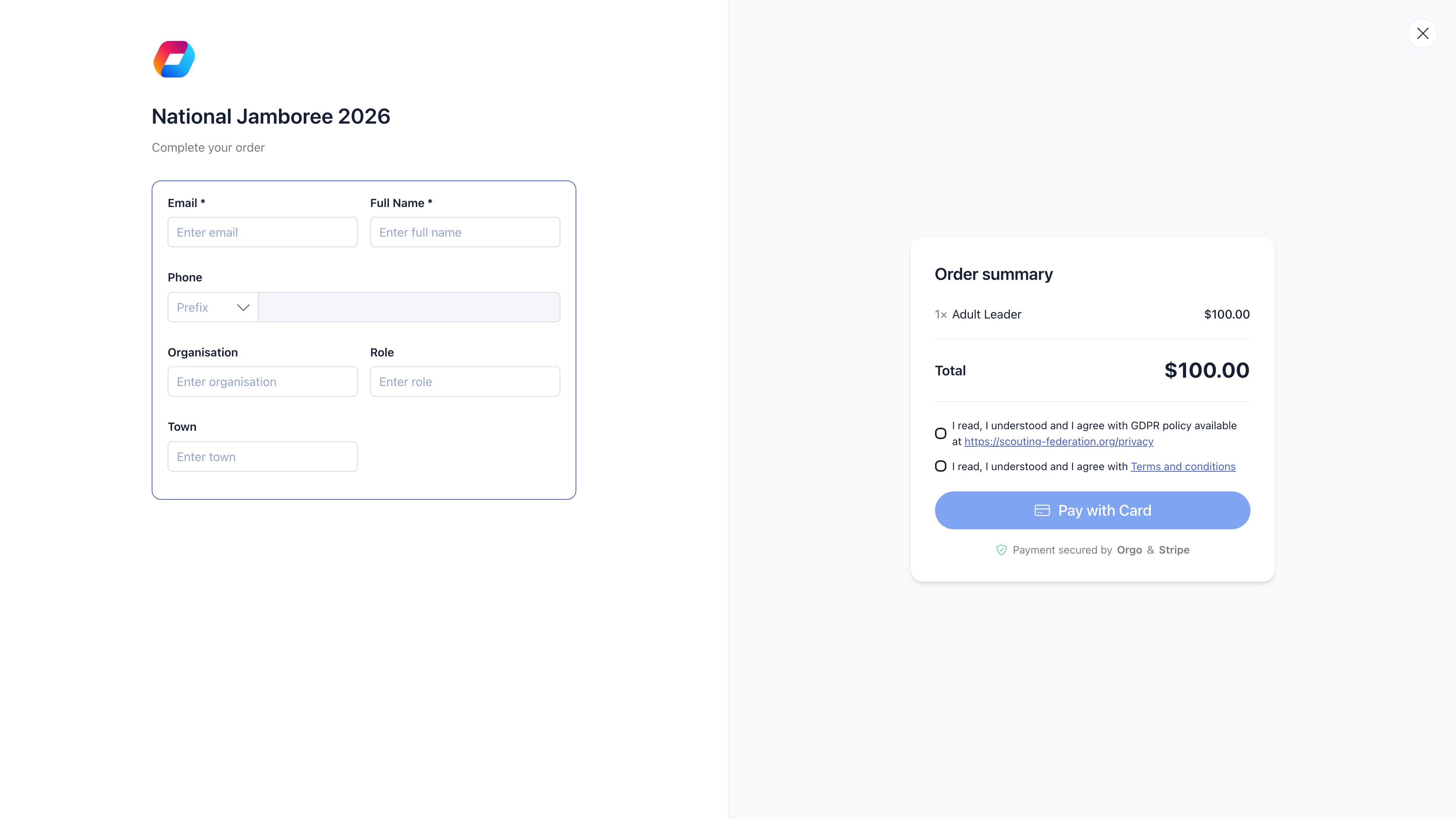 Checkout form showing email, full name, order summary with ticket selection, GDPR privacy policy checkbox, terms and conditions checkbox, and Complete Registration button