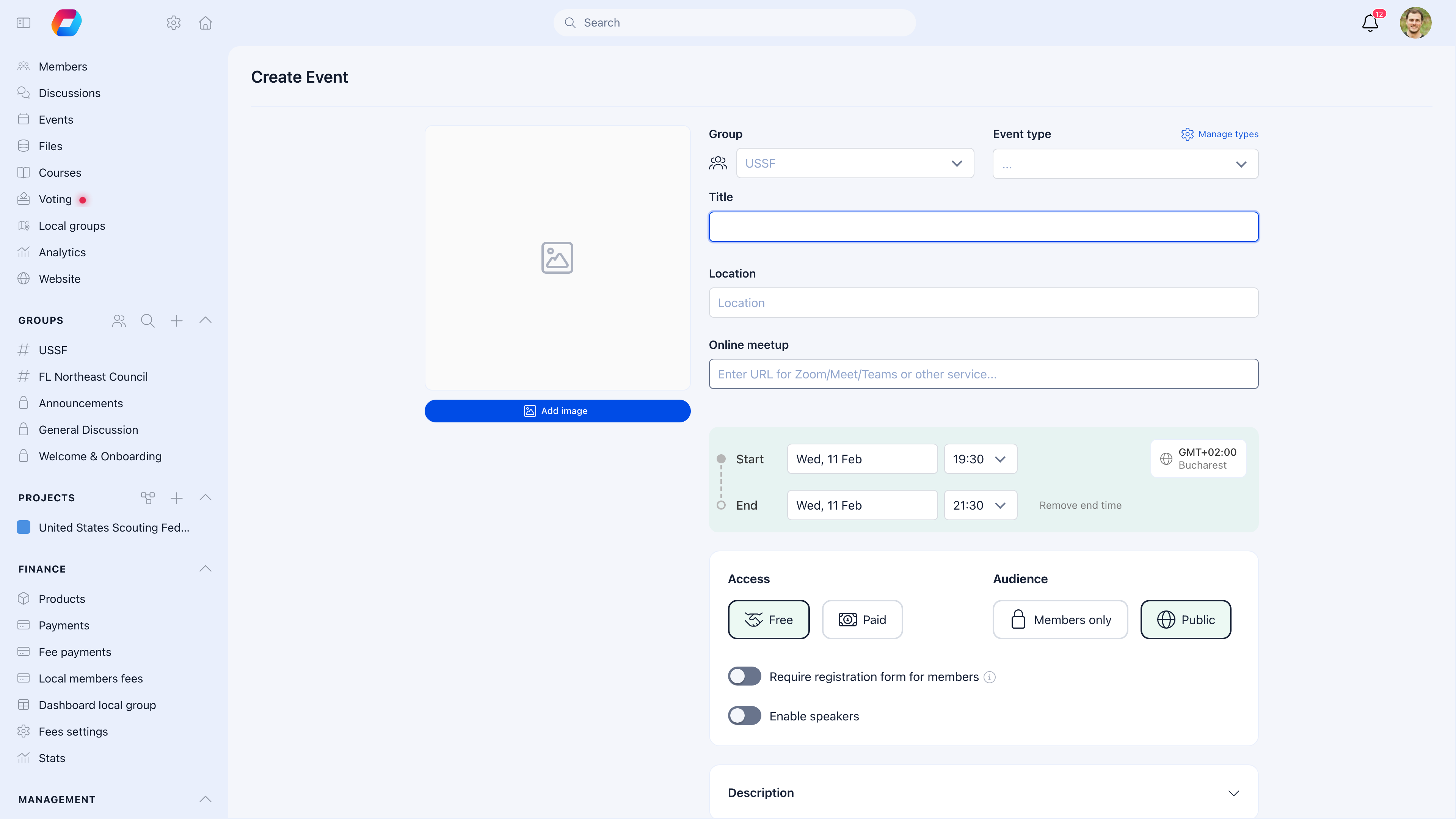 Create Event form with group selector, event type, title, location, dates, access (Free/Paid), audience (Members only/Public), and description