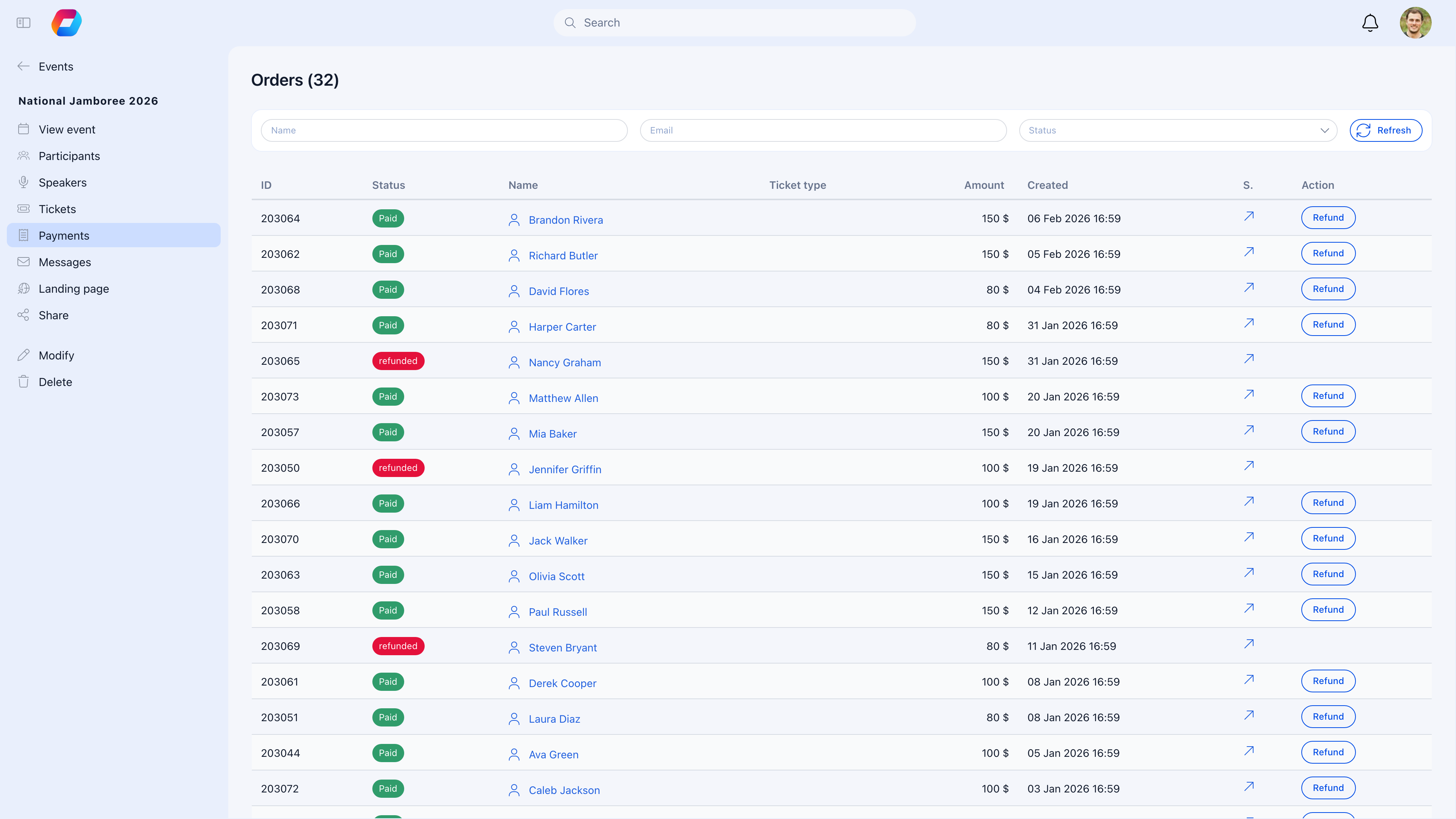 Event orders list showing 31 orders with paid and refunded statuses, amounts, and dates