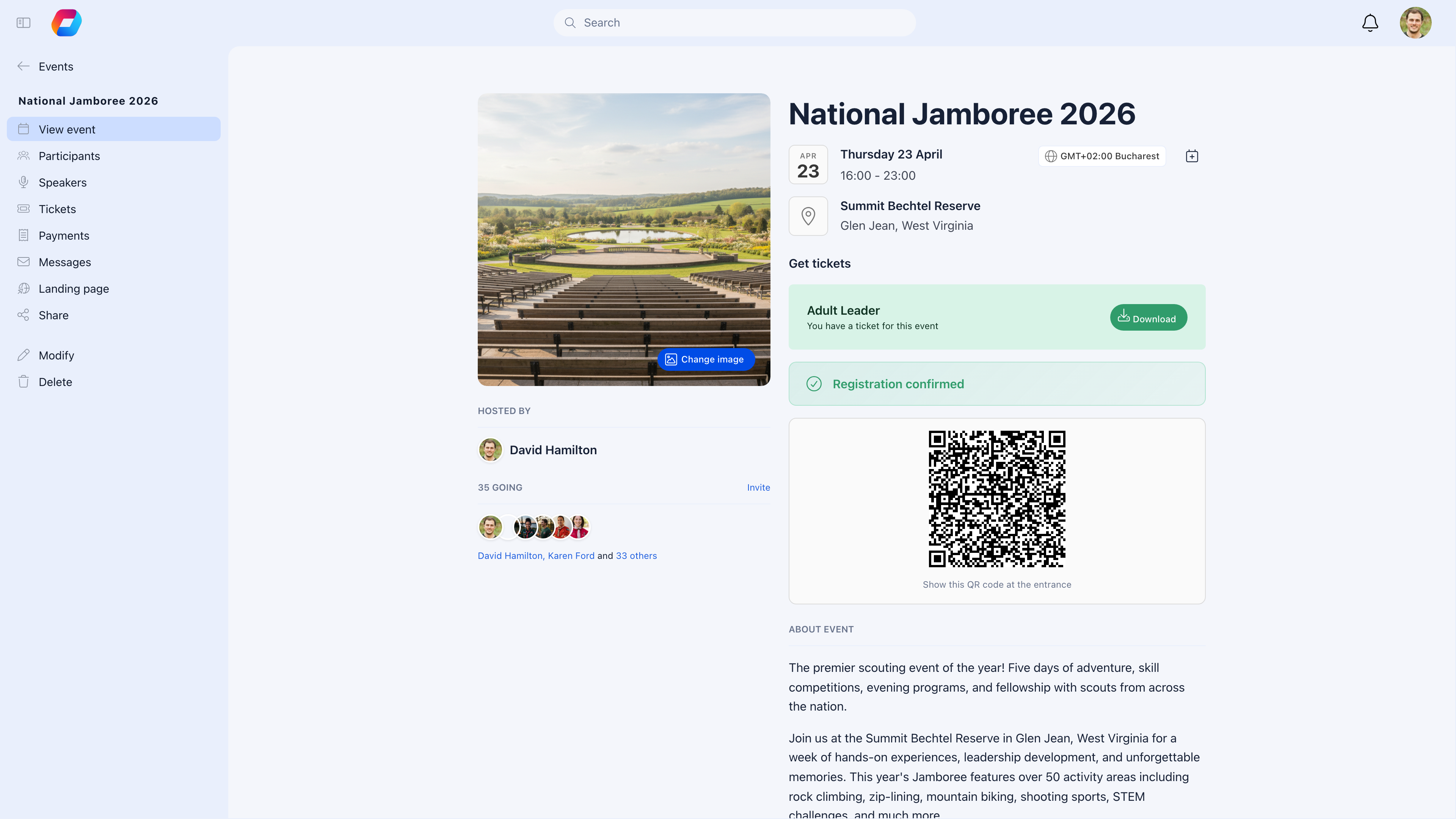 Event page showing ticket confirmation with QR code, 'Registration confirmed' status, and Download button