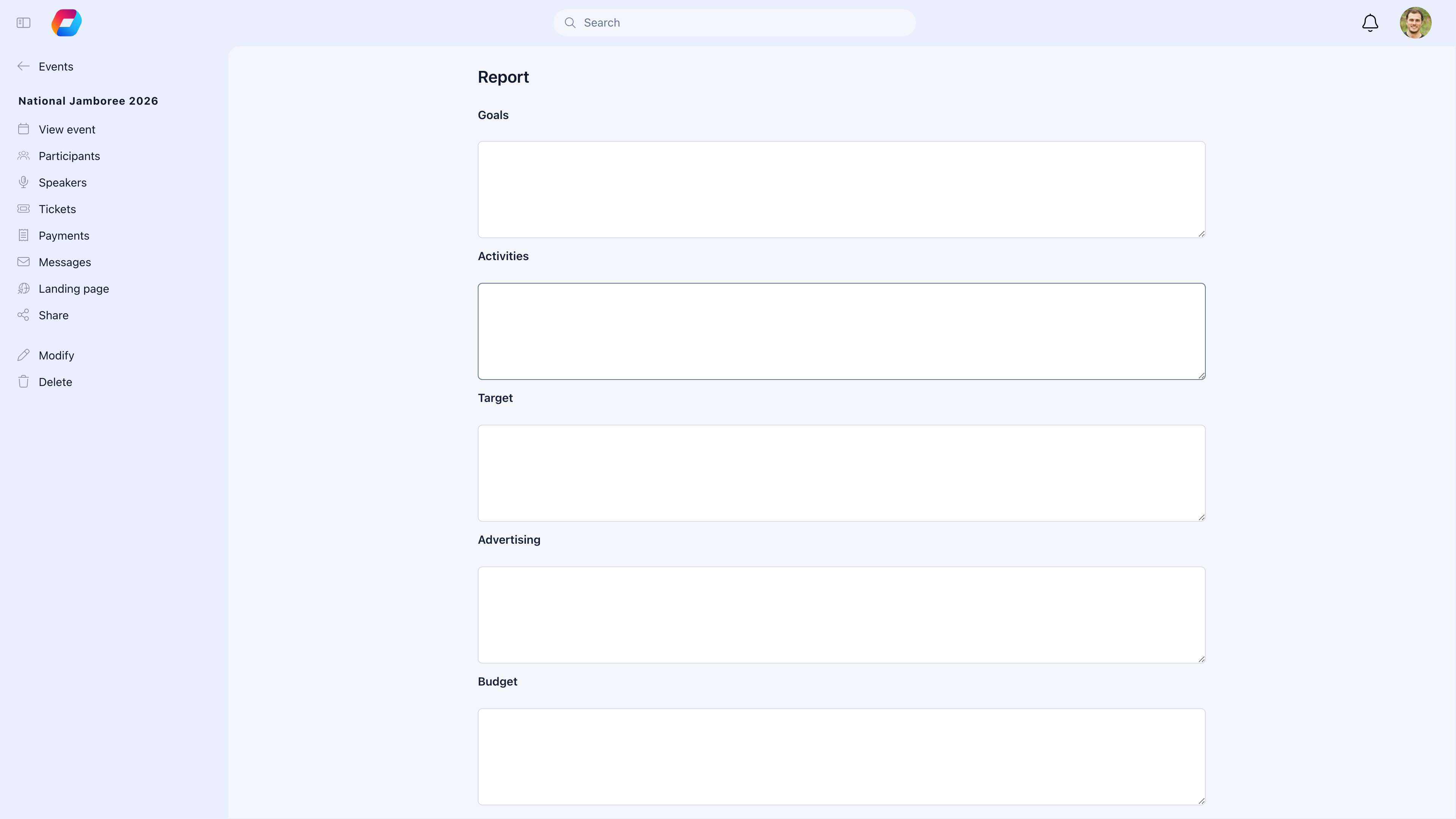 Event report form with Goals, Activities, Target, Advertising, and Budget sections