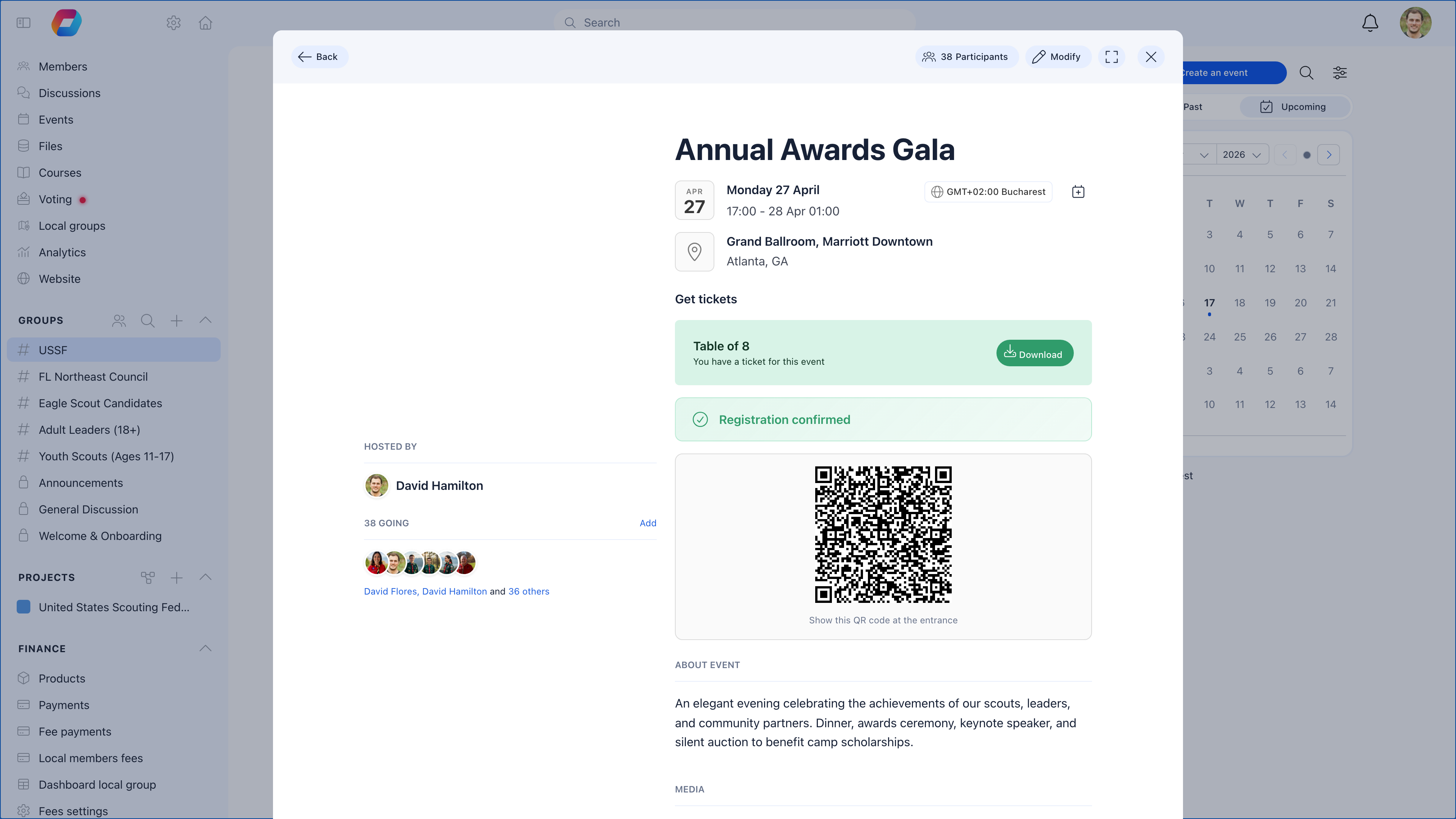 Event detail page showing sidebar navigation (View event, Participants, Messages, Landing page, Share, Modify, Delete) with hero image, date, location, RSVP status, and 38 attendees