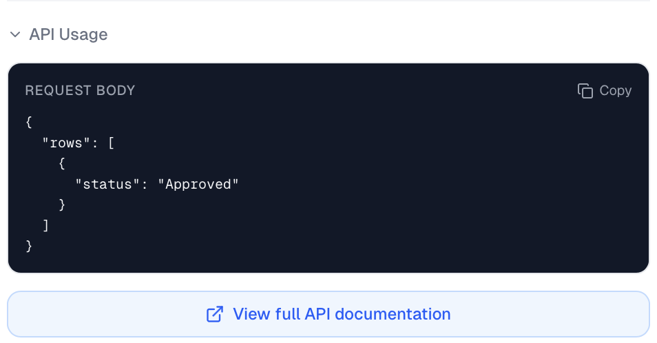 API Usage section with copy button