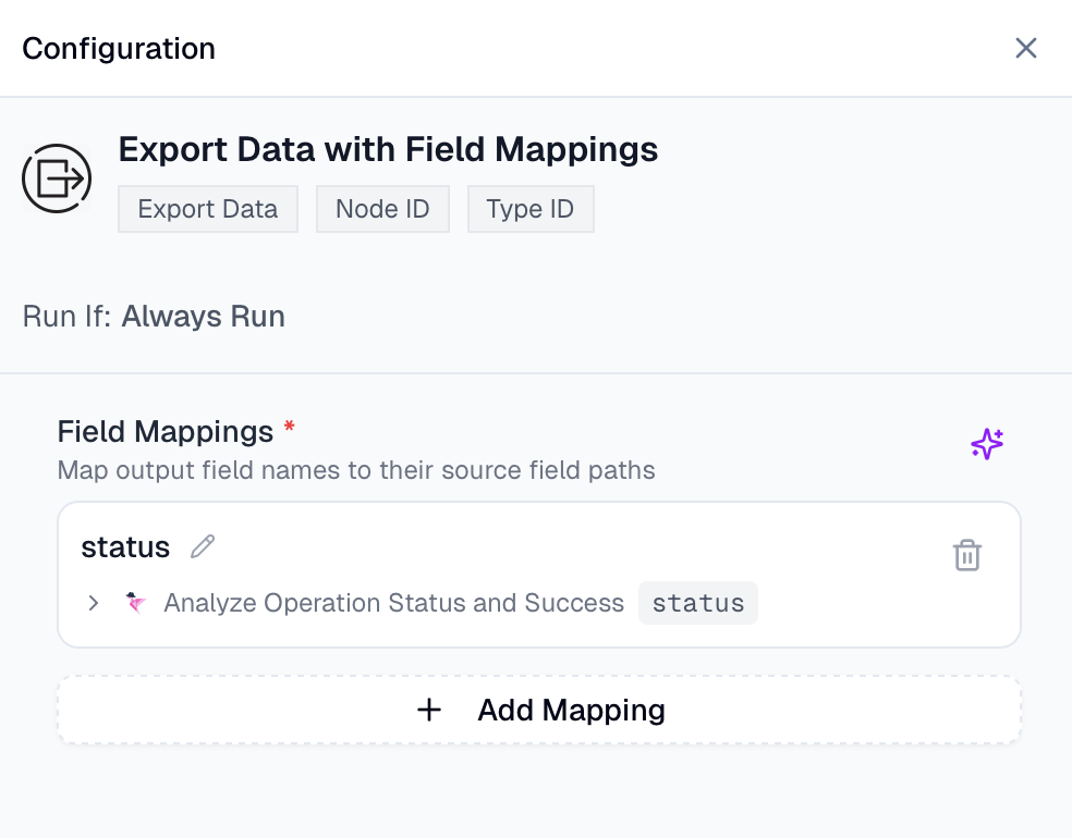 Output node showing field mappings