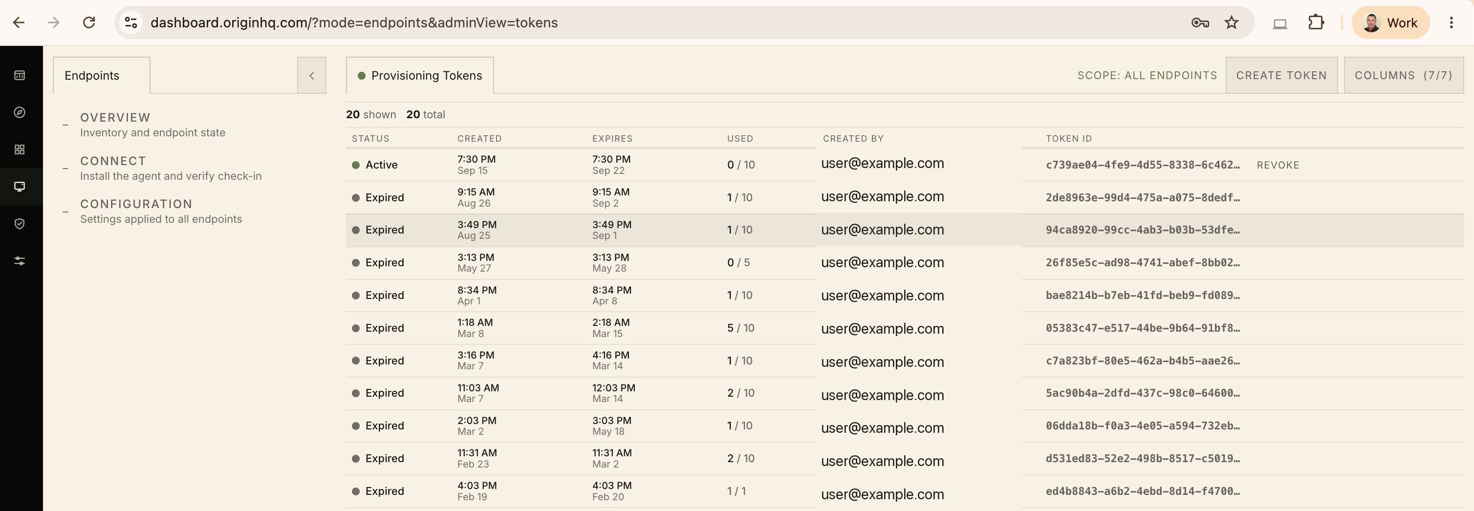 The Provisioning Tokens list under Endpoints → Connect → Tokens, showing status, created/expires dates, use count, creator, and token ID for each token.