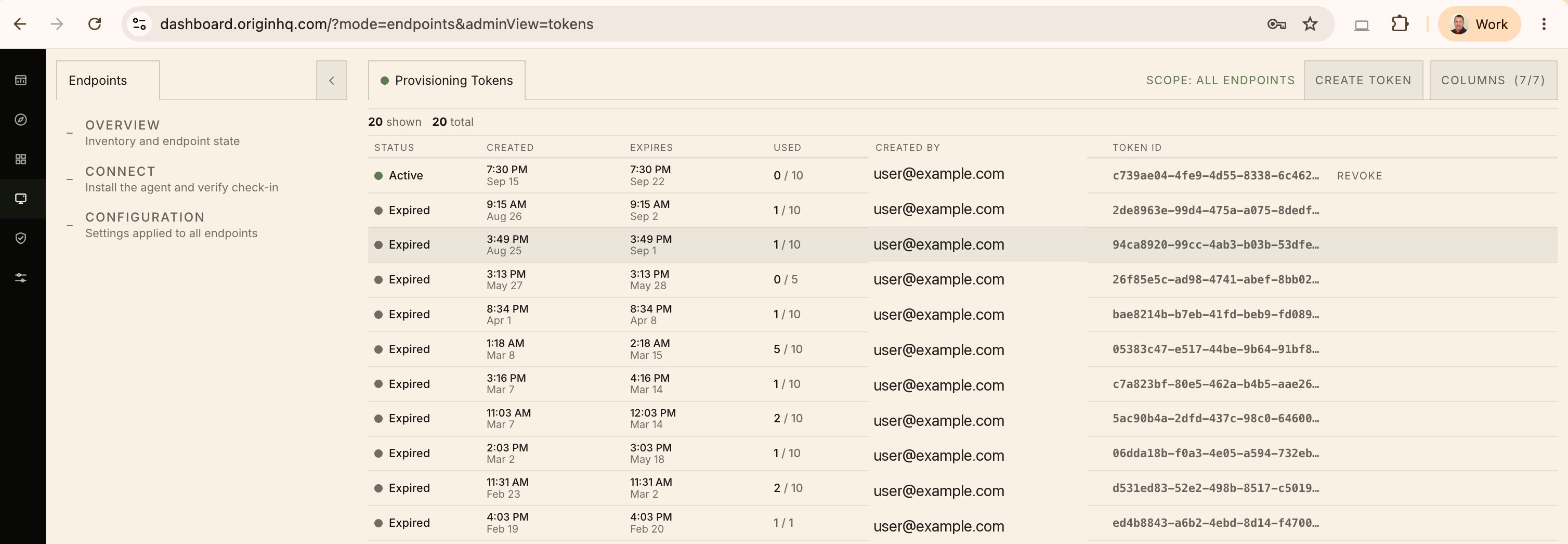 The Provisioning Tokens list under Endpoints → Connect → Tokens, showing status, created/expires dates, use count, creator, and token ID for each token.