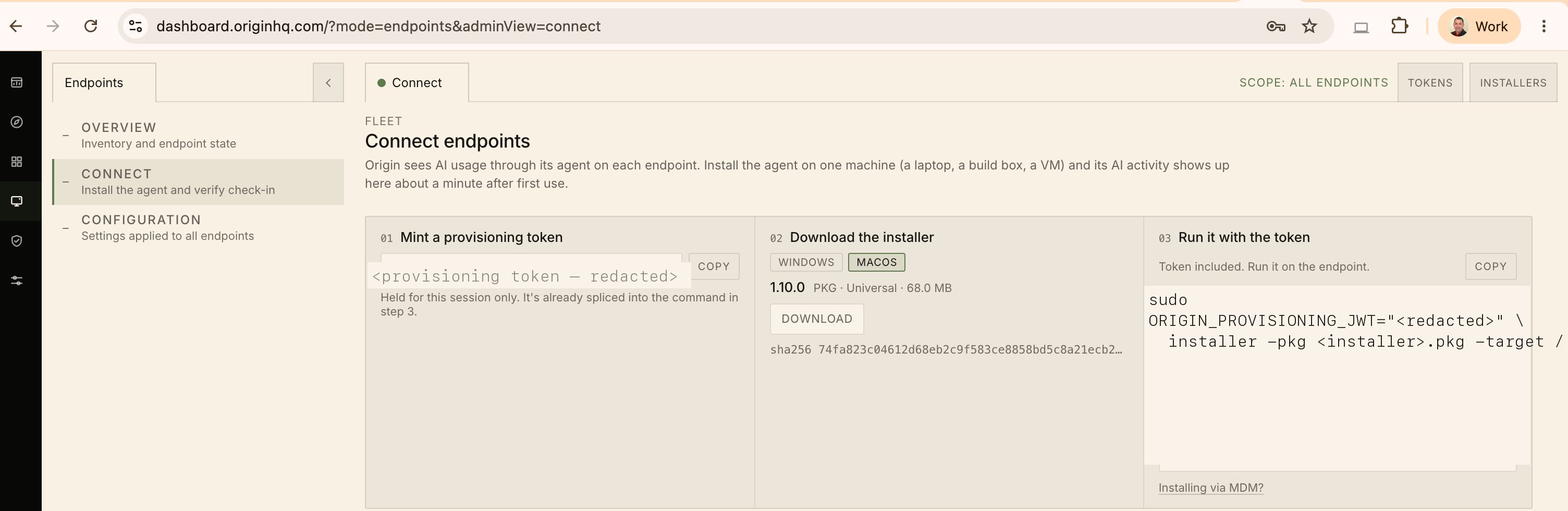 The Endpoints → Connect page, with the Installers and Tokens buttons in the top-right and the three-step mint token / download installer / run it flow below.