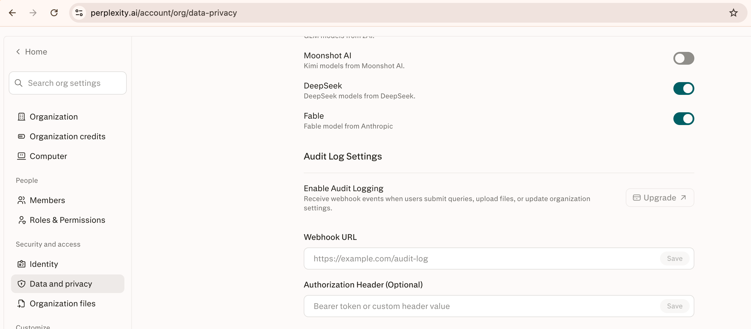 Perplexity's organization Data and Privacy settings, showing Audit Log Settings with the Webhook URL and Authorization Header fields.