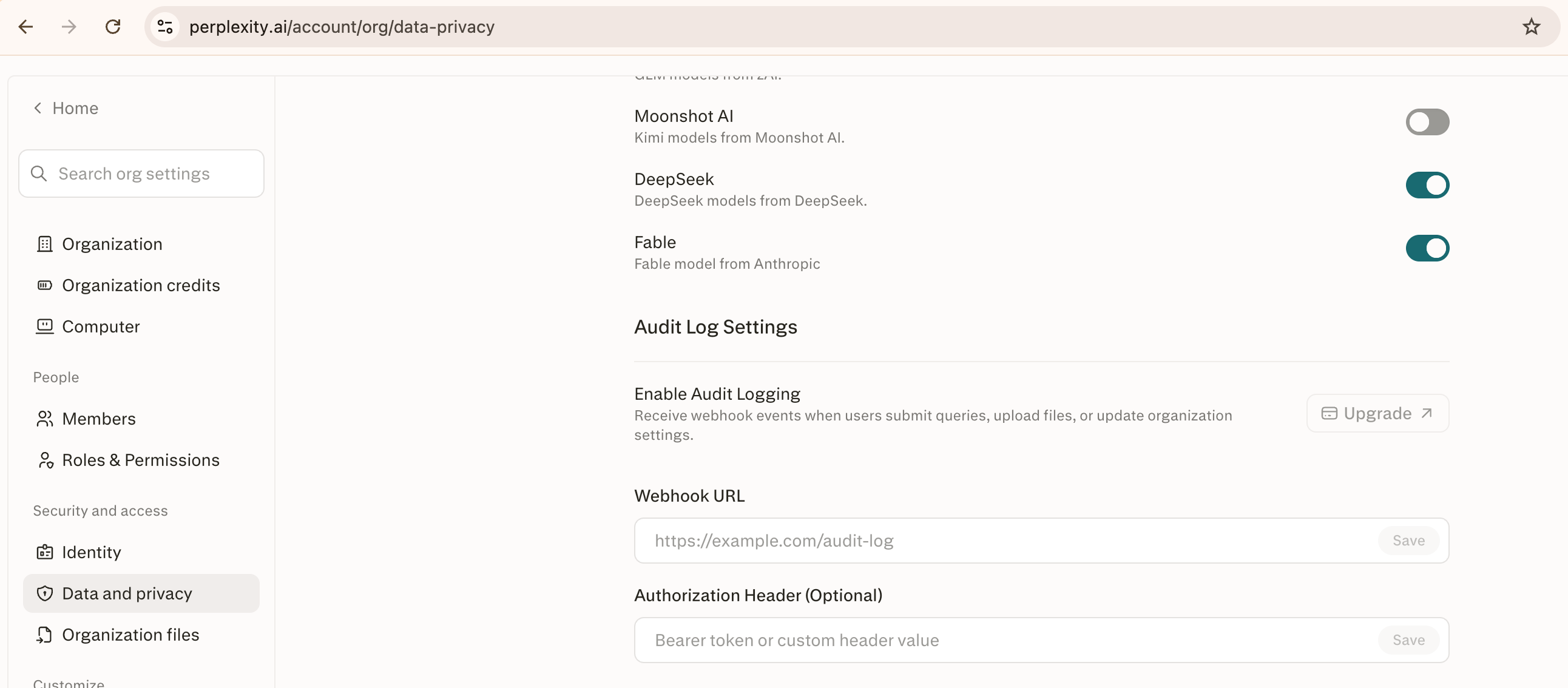 Perplexity's organization Data and Privacy settings, showing Audit Log Settings with the Webhook URL and Authorization Header fields.