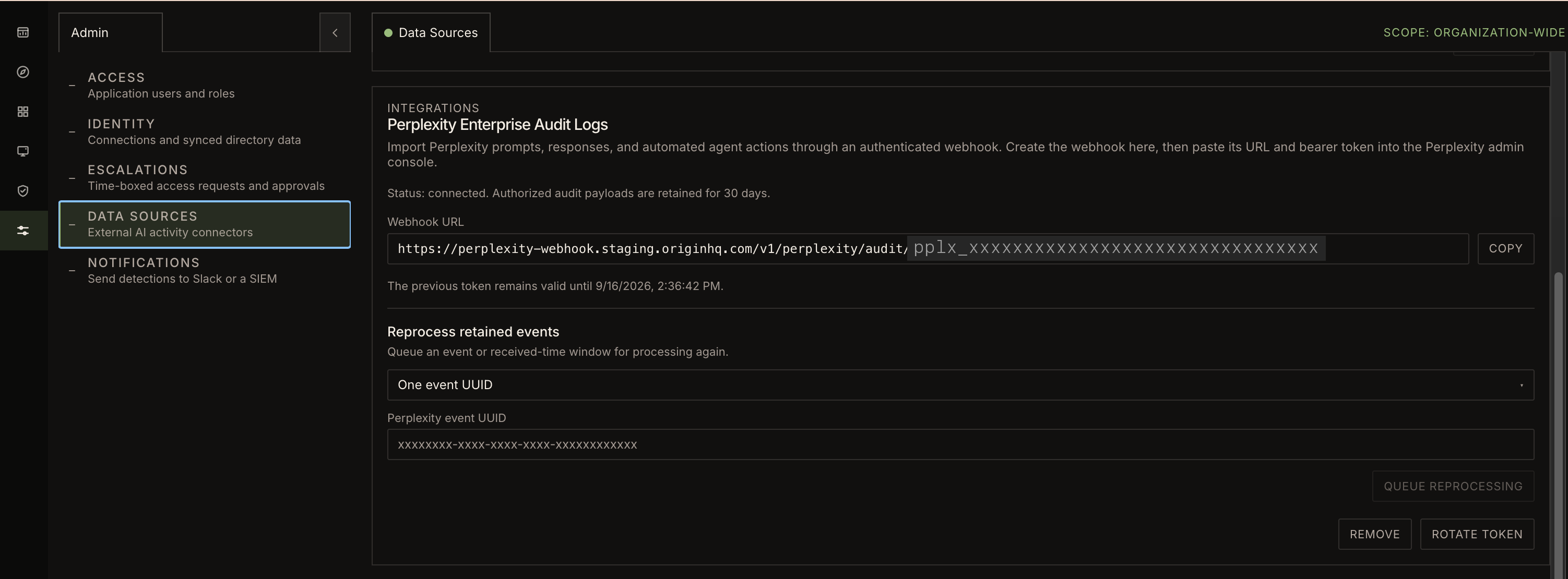 The Origin console's Admin → Data Sources page, showing the Perplexity Enterprise Audit Logs integration with its Webhook URL field and Rotate Token button.