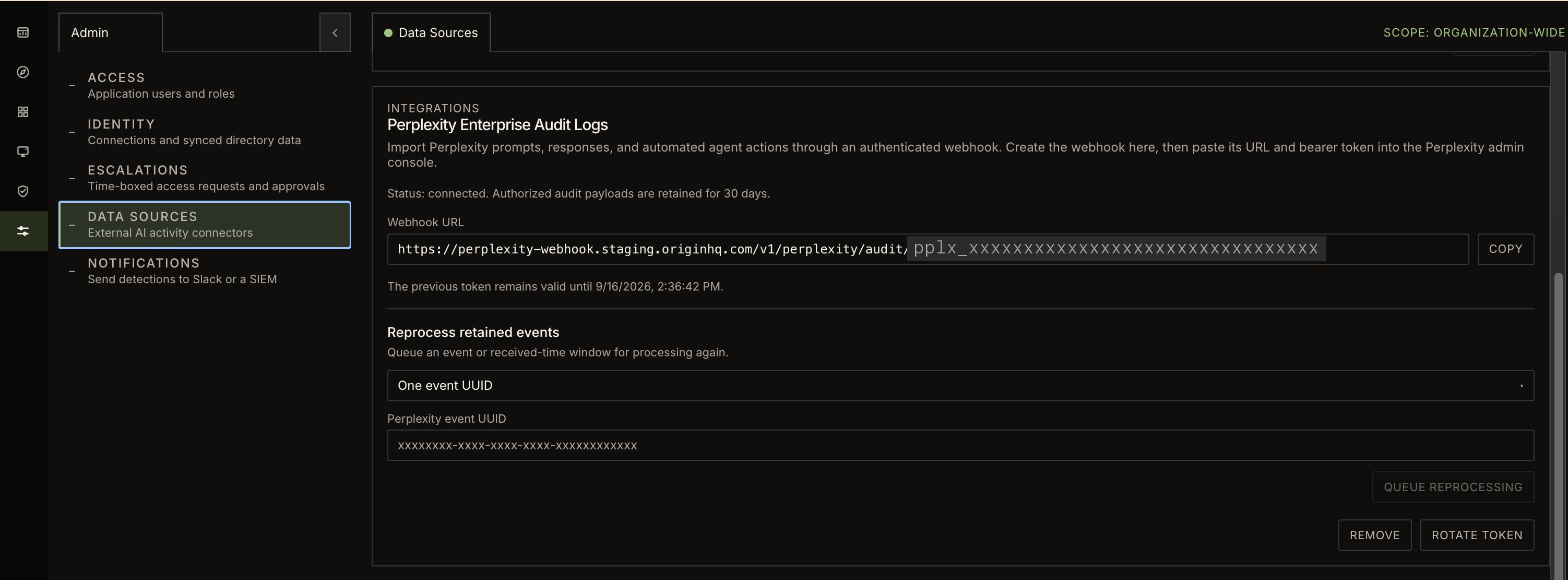 The Origin console's Admin → Data Sources page, showing the Perplexity Enterprise Audit Logs integration with its Webhook URL field and Rotate Token button.