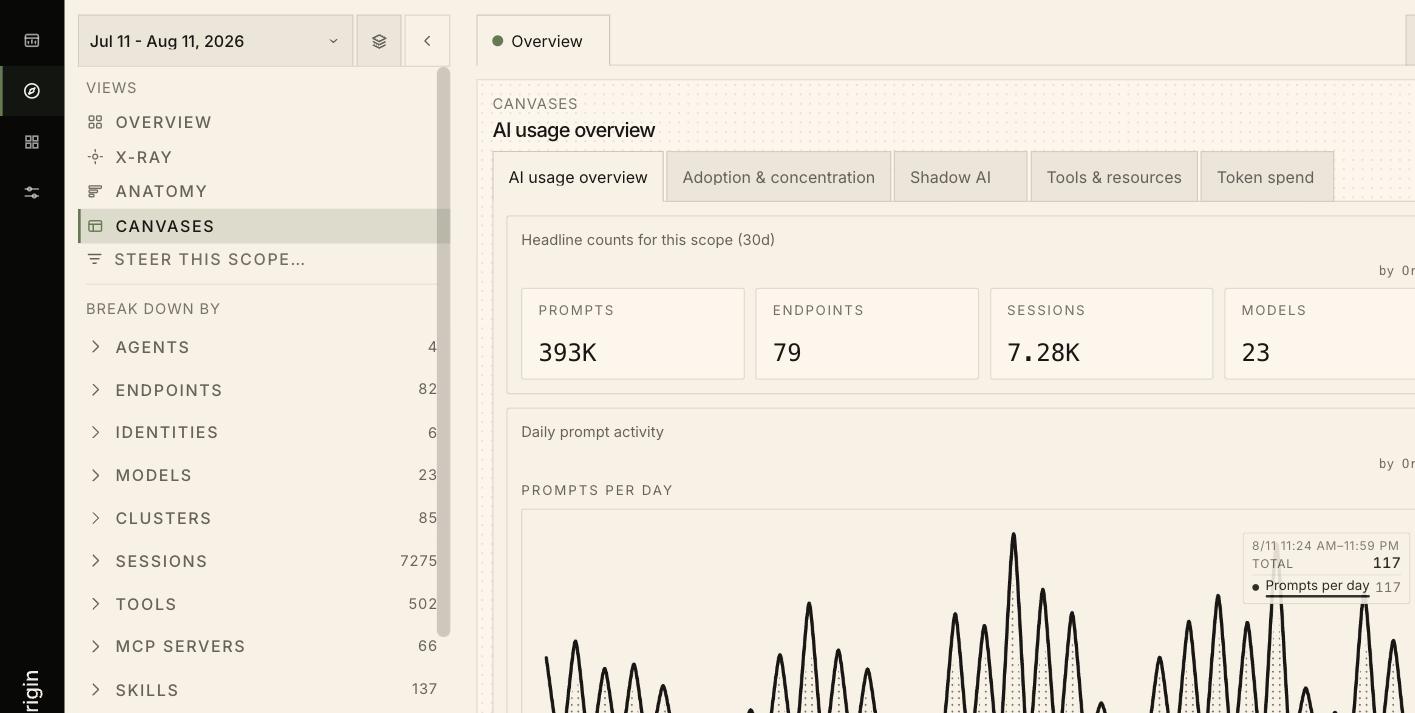 The Canvases view showing the AI usage overview canvas