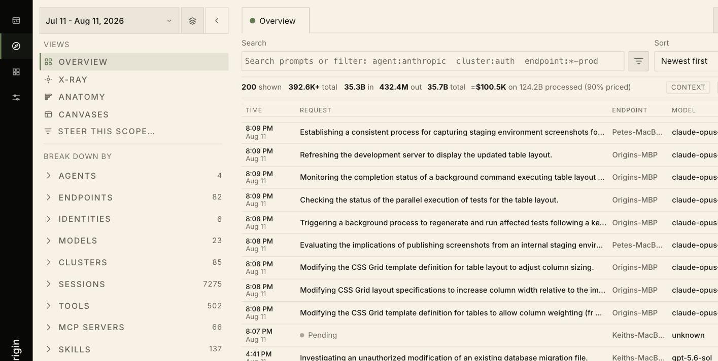 The request log with search, totals, and per-request rows