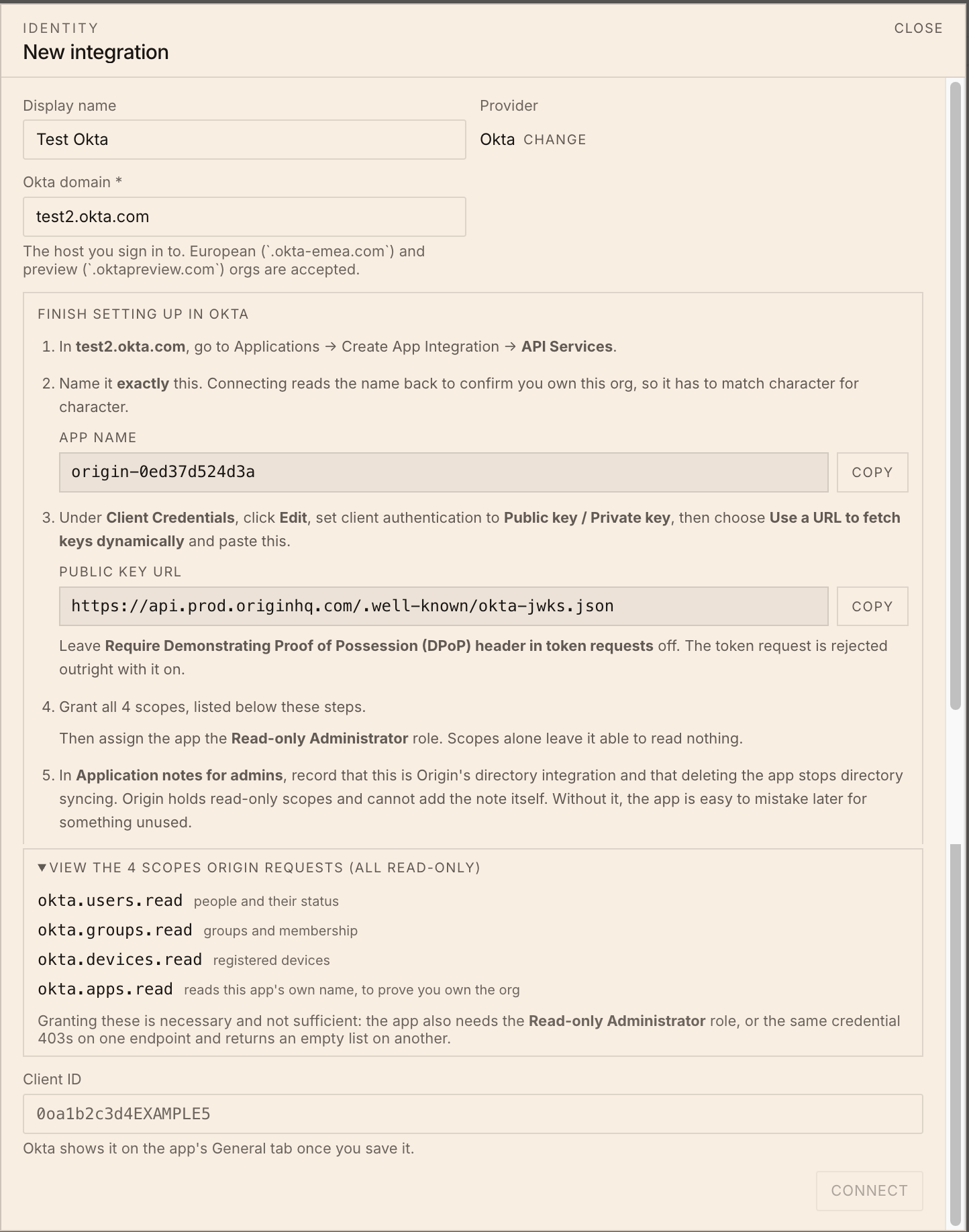 Origin's Finish setting up in Okta panel: the generated App Name, the Public Key URL and DPoP note, the 4 required scopes with the Read-only Administrator role requirement, and the Client ID field with the Connect button.