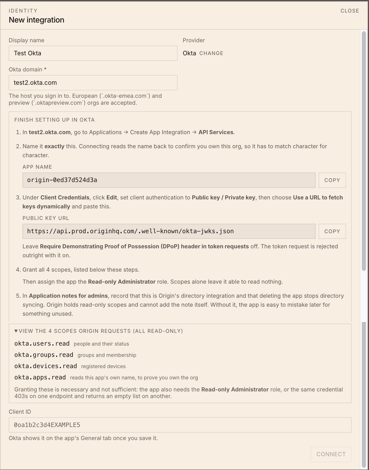 Origin's Finish setting up in Okta panel: the generated App Name, the Public Key URL and DPoP note, the 4 required scopes with the Read-only Administrator role requirement, and the Client ID field with the Connect button.