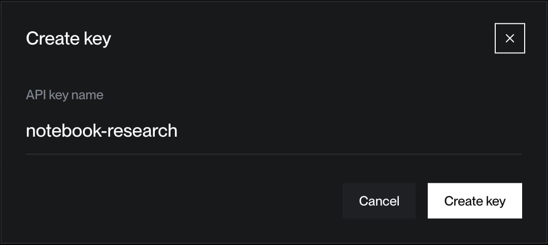 Create key dialog with an API key name field and Cancel and Create key buttons