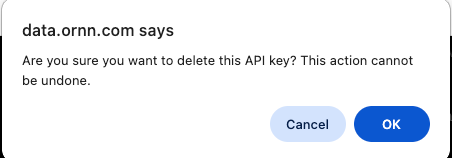 Browser confirmation dialog asking whether to delete the API key