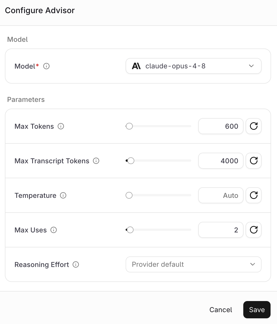 Configure Advisor dialog showing the secondary model set to claude-opus-4-8, max tokens 600, max transcript tokens 4000, temperature on Auto, max uses 2, and reasoning effort on provider default