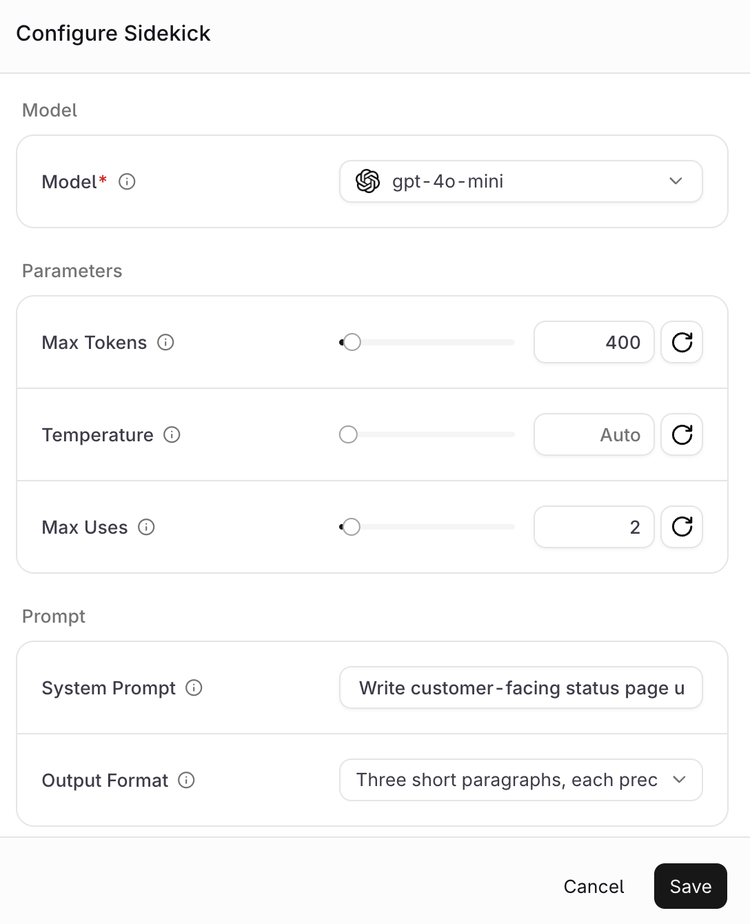 Configure Sidekick dialog showing the secondary model set to gpt-4o-mini, max tokens 400, temperature on Auto, max uses 2, and the system prompt and output format fields filled in