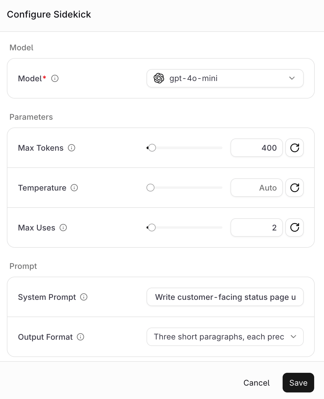 Configure Sidekick dialog showing the secondary model set to gpt-4o-mini, max tokens 400, temperature on Auto, max uses 2, and the system prompt and output format fields filled in