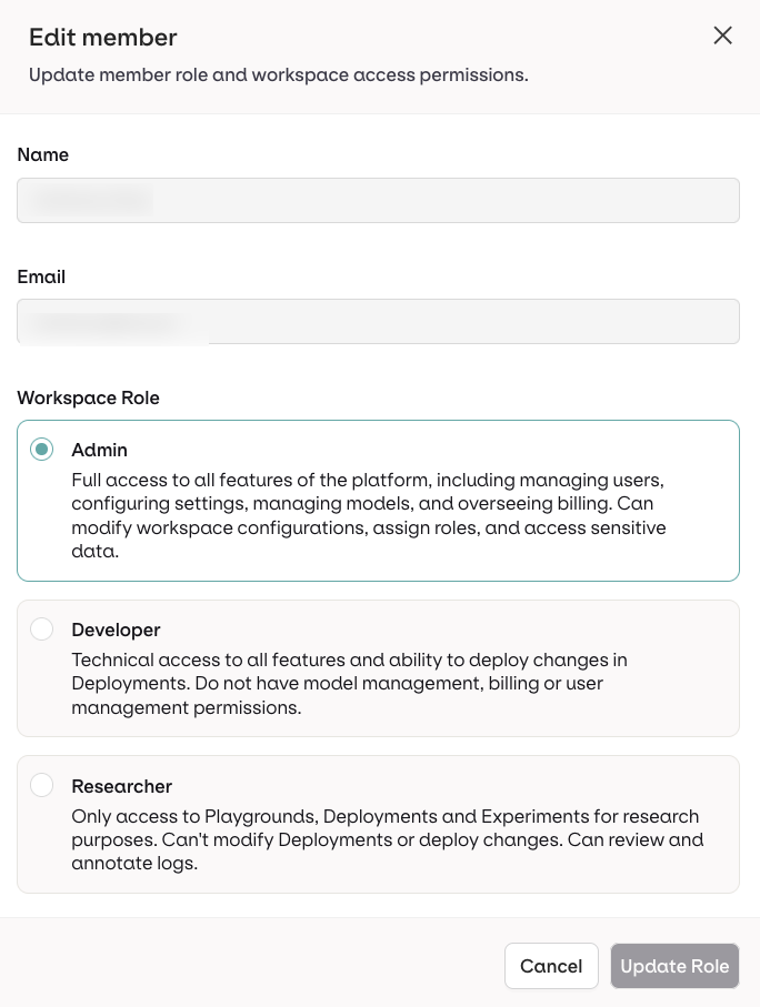 Edit member dialog showing the Admin role selected, with Developer and Researcher as alternatives.