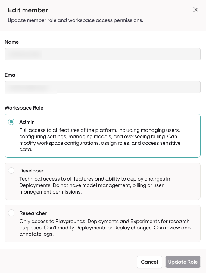 Edit member dialog showing the Admin role selected, with Developer and Researcher as alternatives.