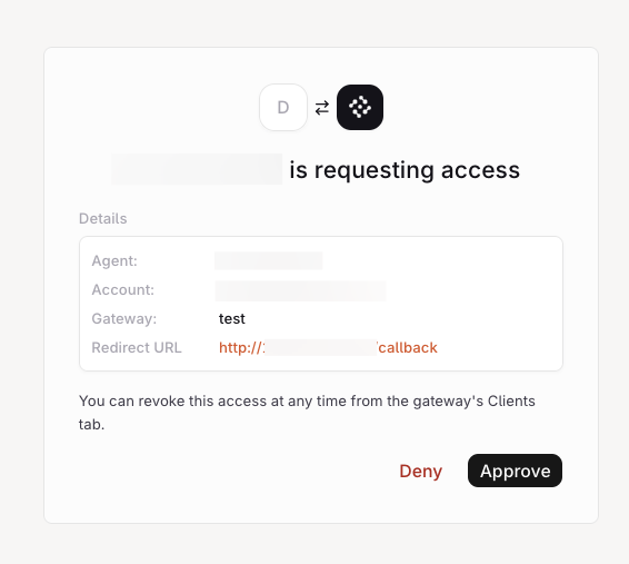 Approval page showing an MCP client requesting access, with Details listing the agent, account, gateway, and redirect URL above the Deny and Approve buttons