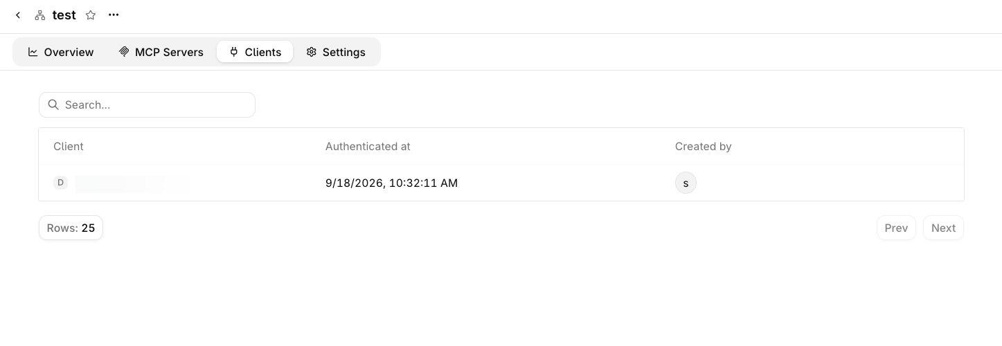 MCP Gateway Clients tab listing one authorized client with Client, Authenticated at, and Created by columns