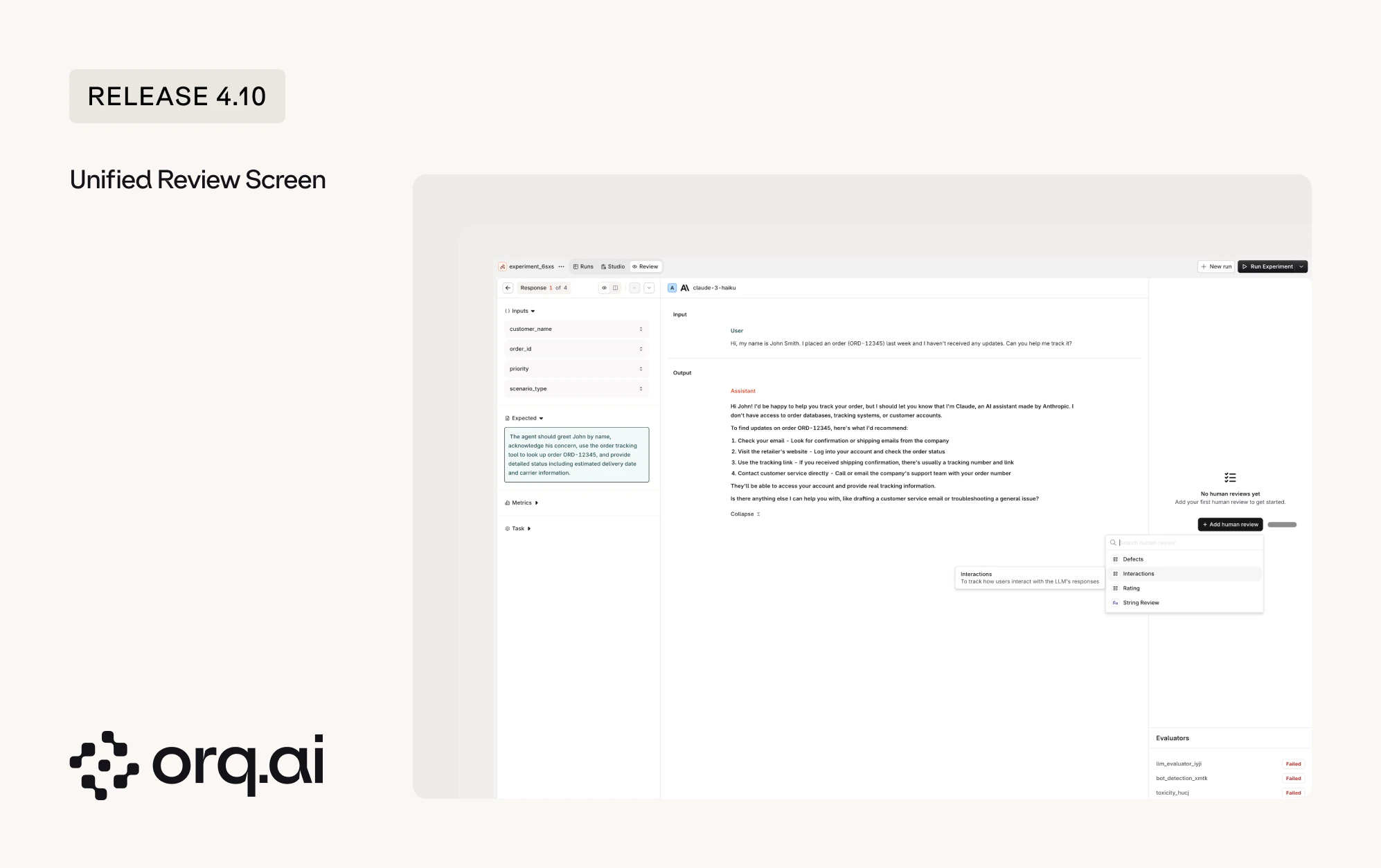 Unified Review screen on an experiment response, with inputs and expected output on the left, the model conversation in the center, and a human review panel with evaluator results on the right