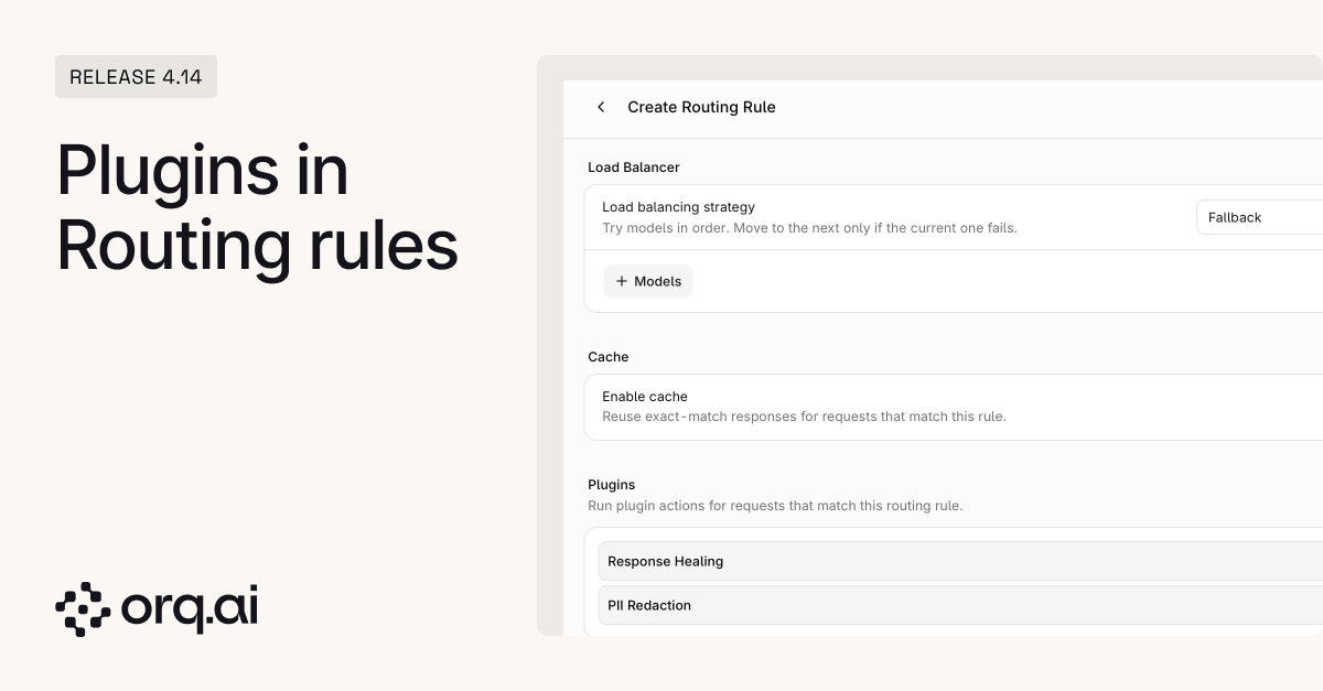 Create Routing Rule form with a load balancing strategy, an enable cache option, and Response Healing and PII Redaction listed as plugins
