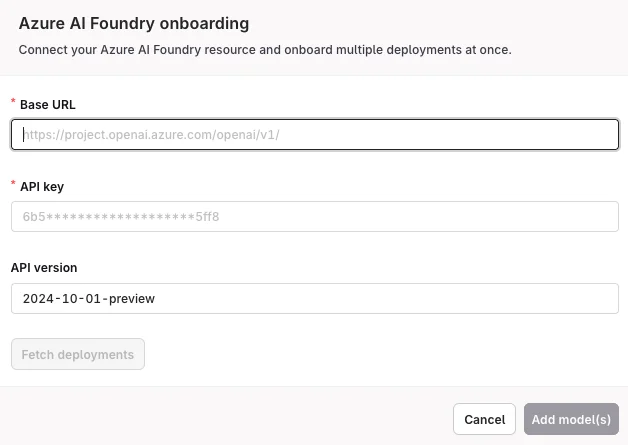 Azure private model configuration form showing endpoint URL and API Key fields.
