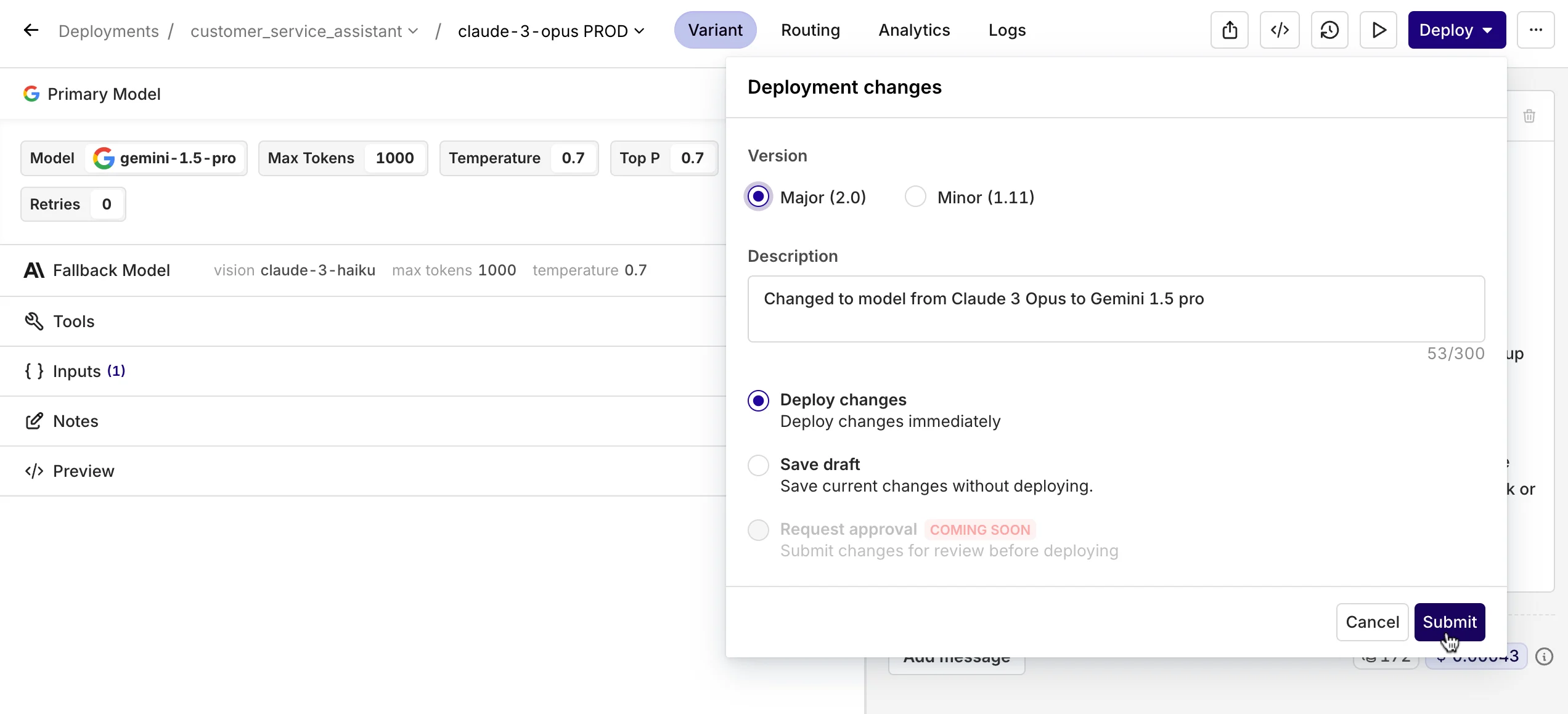 Deployment version dialog for adding a description and marking a change as minor or major before deploying.