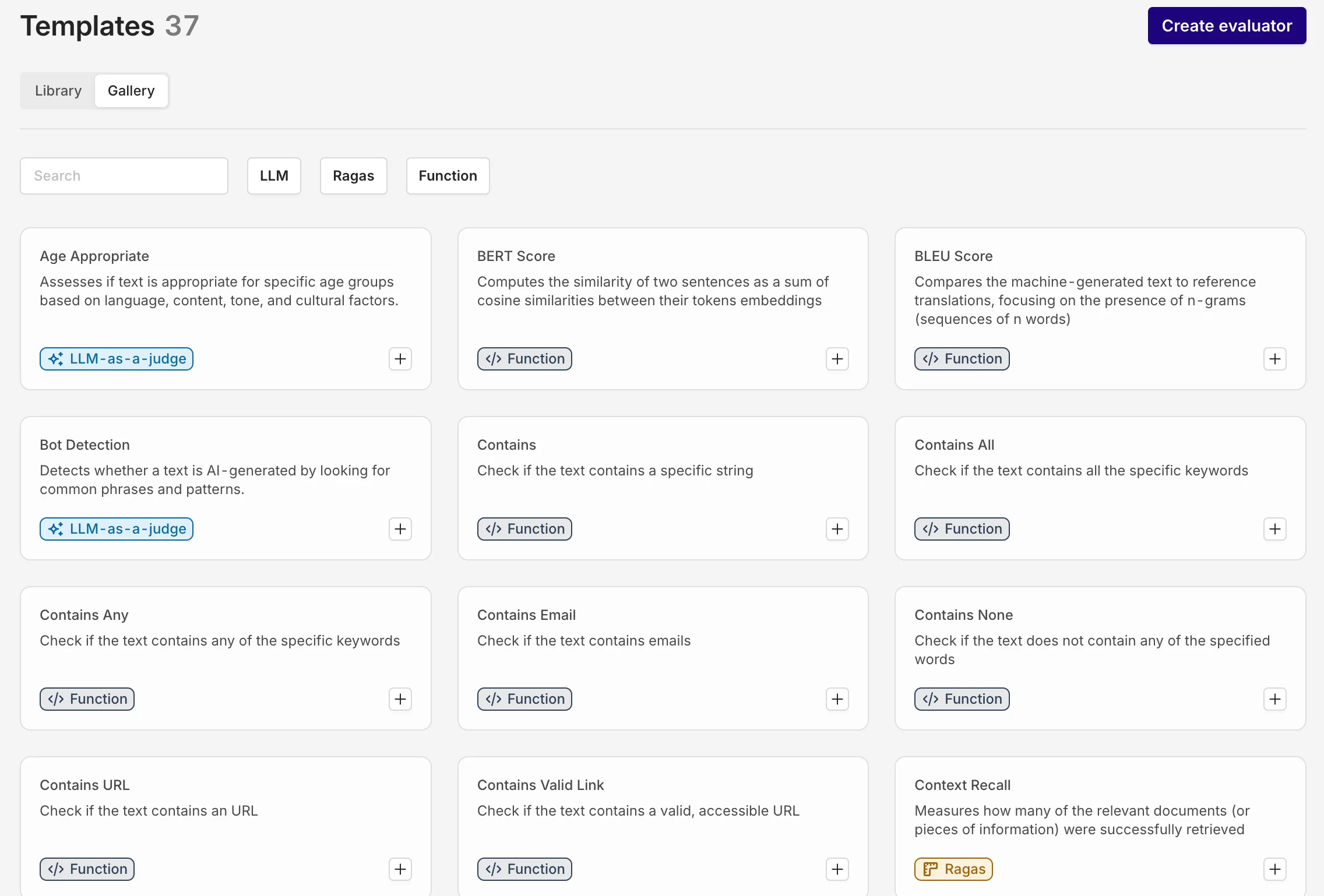 Evaluator Library showing a gallery of 50+ preconfigured evaluator templates organized by category.