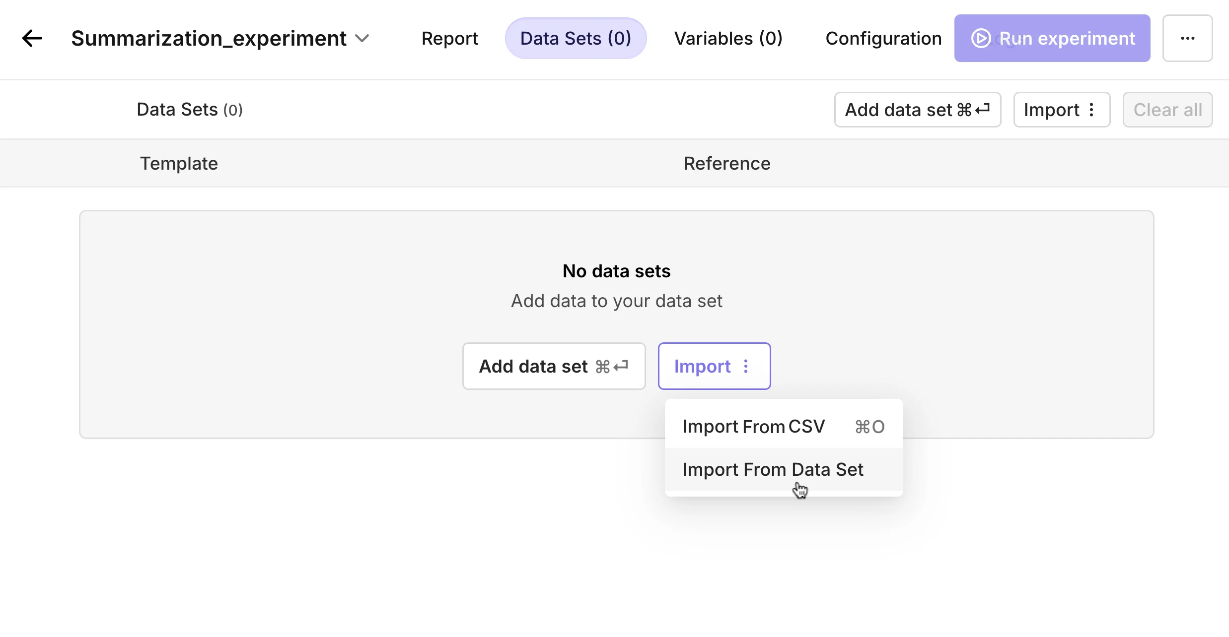 Importing a dataset from the Resources files tab into an Experiment instead of uploading a CSV manually.