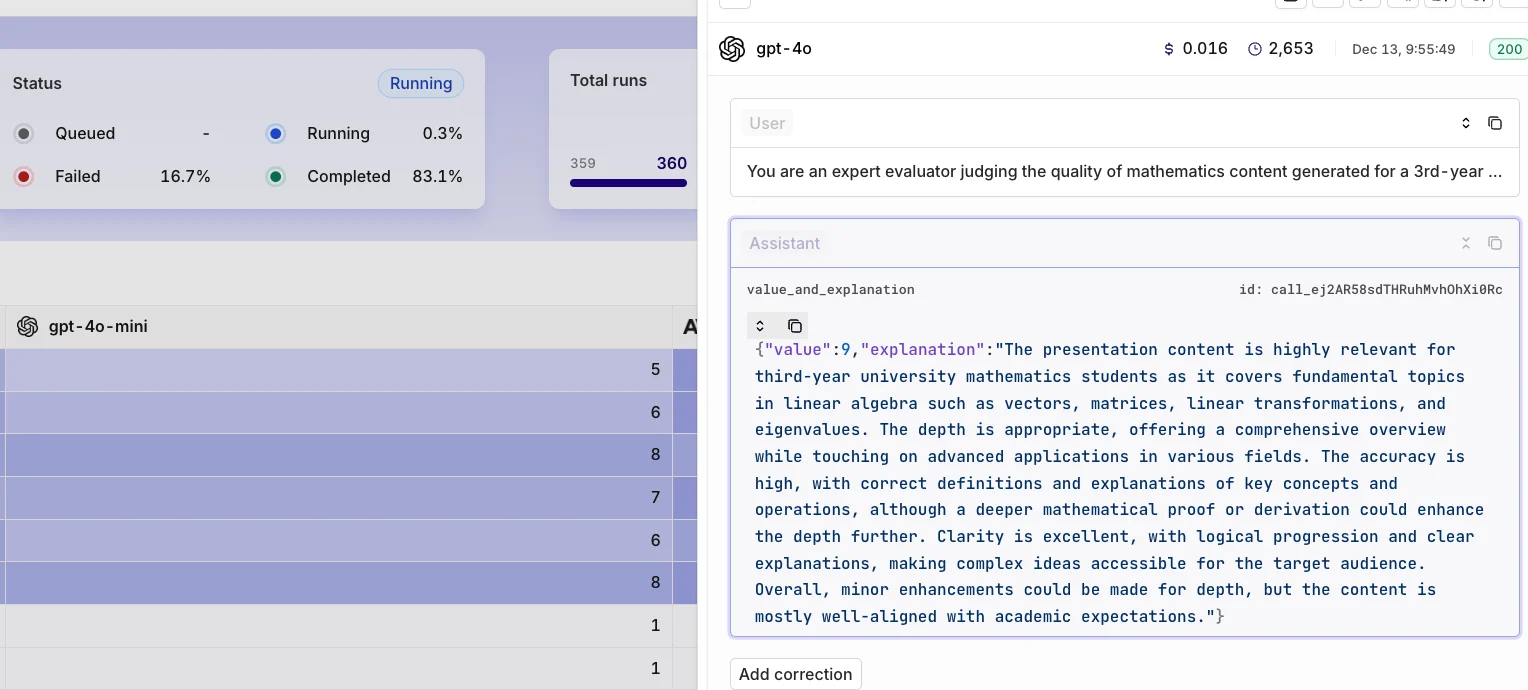 LLM-as-a-Judge configuration with type-safe numeric or boolean output and a scored explanation.