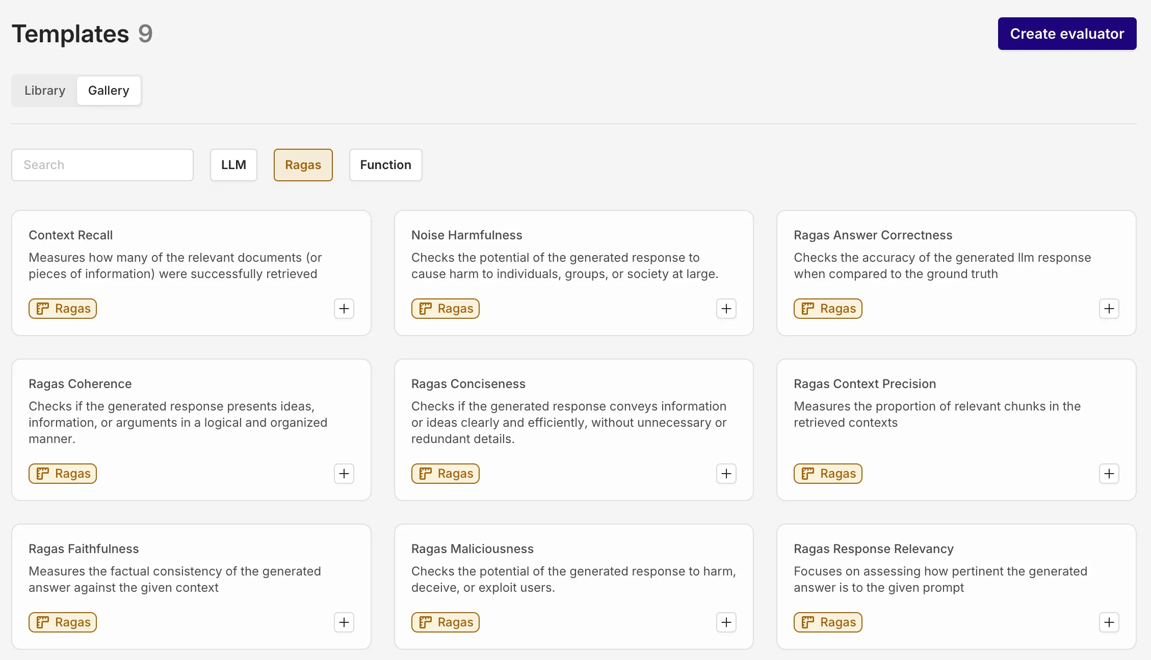 RAGAS evaluators configured in a Deployment showing context precision and faithfulness scores.