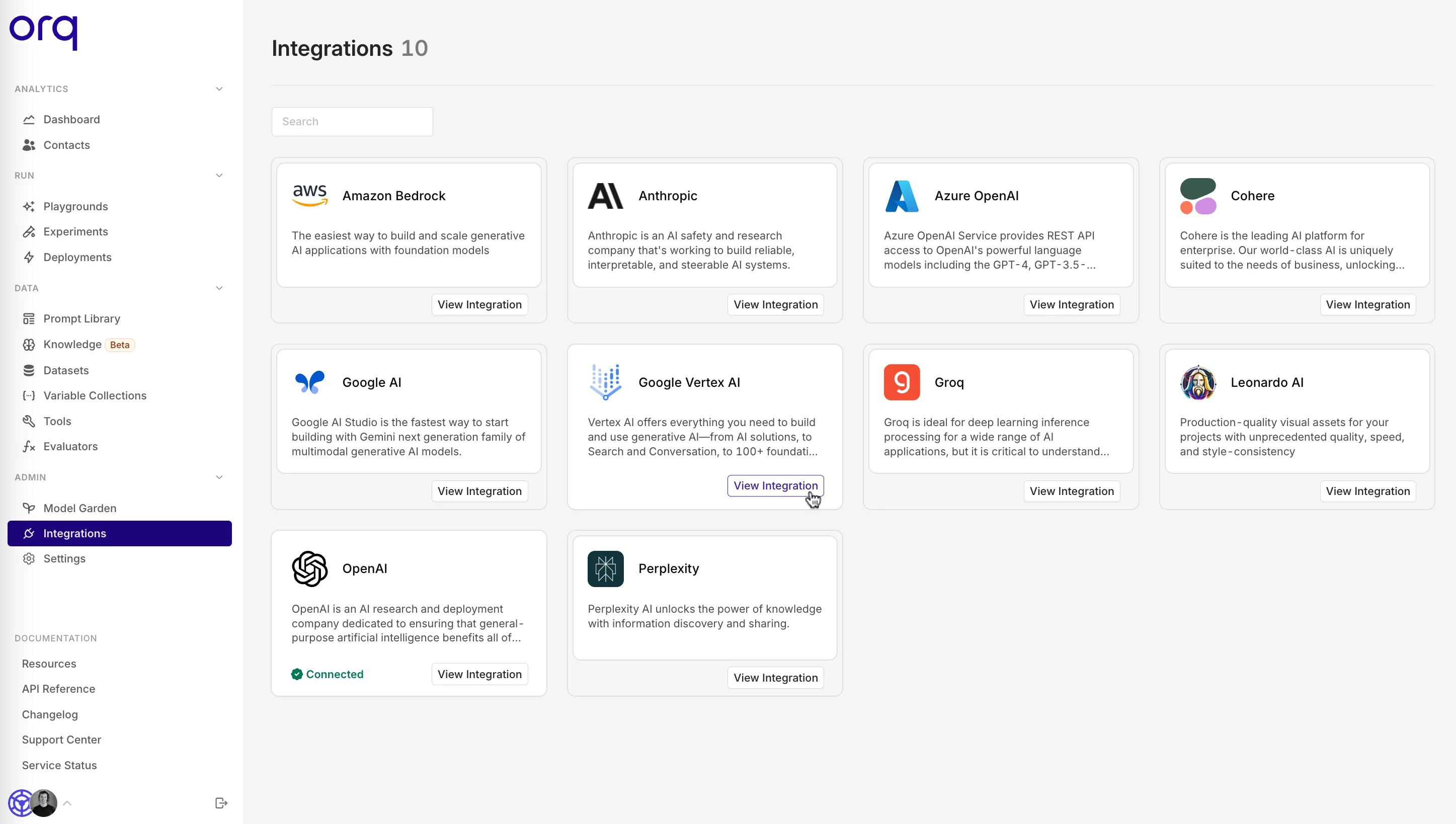 Vertex AI custom integration setup showing API key configuration in Orq.ai.