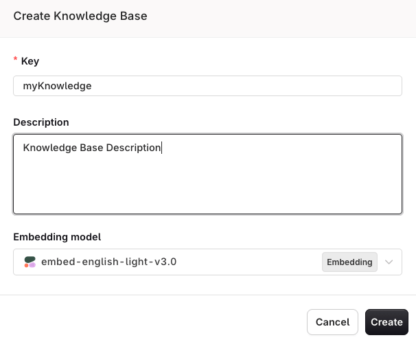 Enter a unique Key used to reference your Knowledge Base within Prompts and Deployments. Choose an Embedding Model for knowledge search.