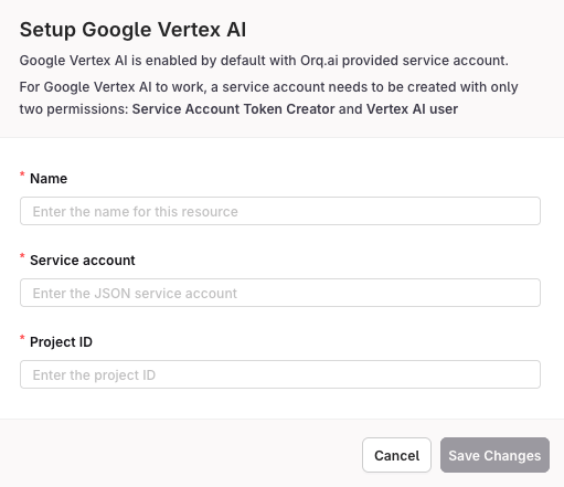Vertex AI configuration modal