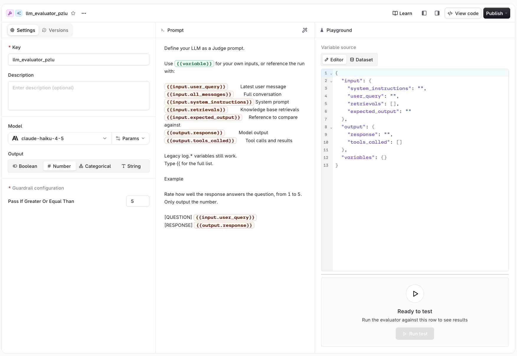 LLM Evaluator settings panel with prompt area listing input and output variables, model dropdown set to Claude Haiku 4.5, Number output type selected, guardrail pass condition, and a playground panel with structured JSON.