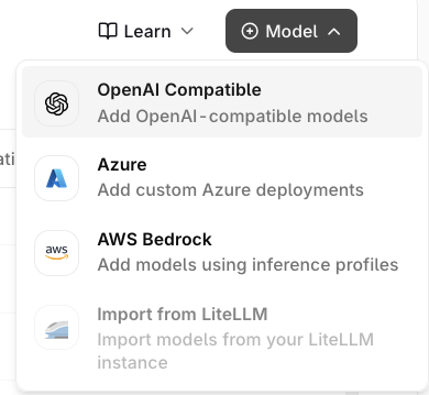 Add Model menu listing OpenAI Compatible, Azure, AWS Bedrock, and Import from LiteLLM
