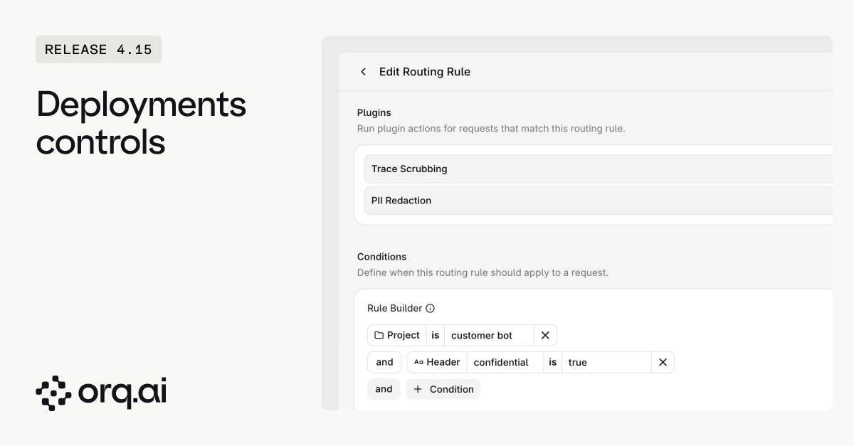 Edit Routing Rule page listing Trace Scrubbing and PII Redaction as plugins, above a rule builder matching project customer bot and header confidential set to true