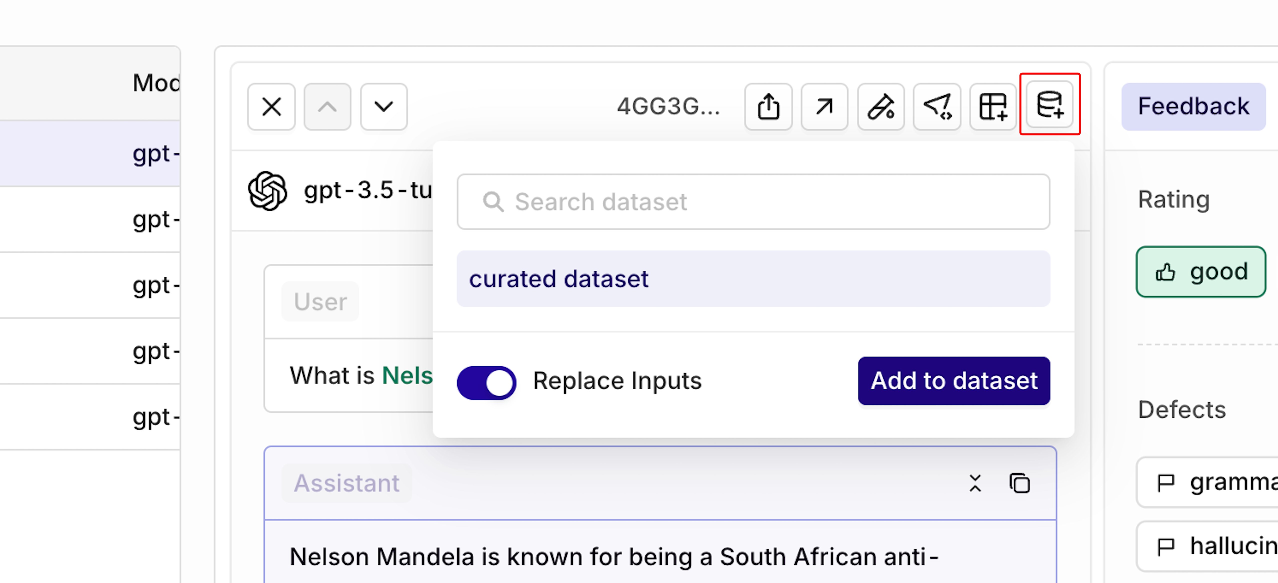 Log view showing an Add to dataset dropdown with curated dataset selected, a Replace Inputs toggle, and an Add to dataset button.