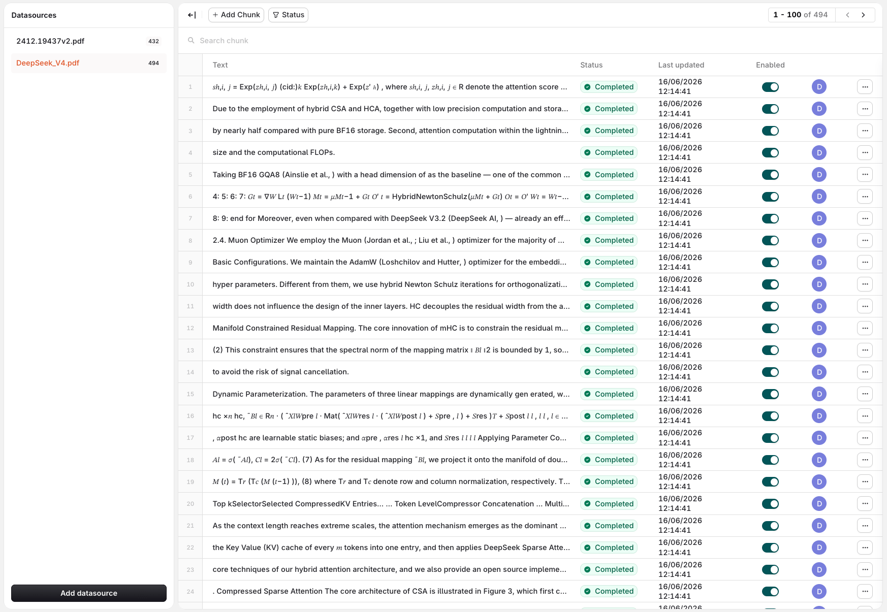 Datasources list view showing uploaded datasources with their processing status and an Add Datasource button.