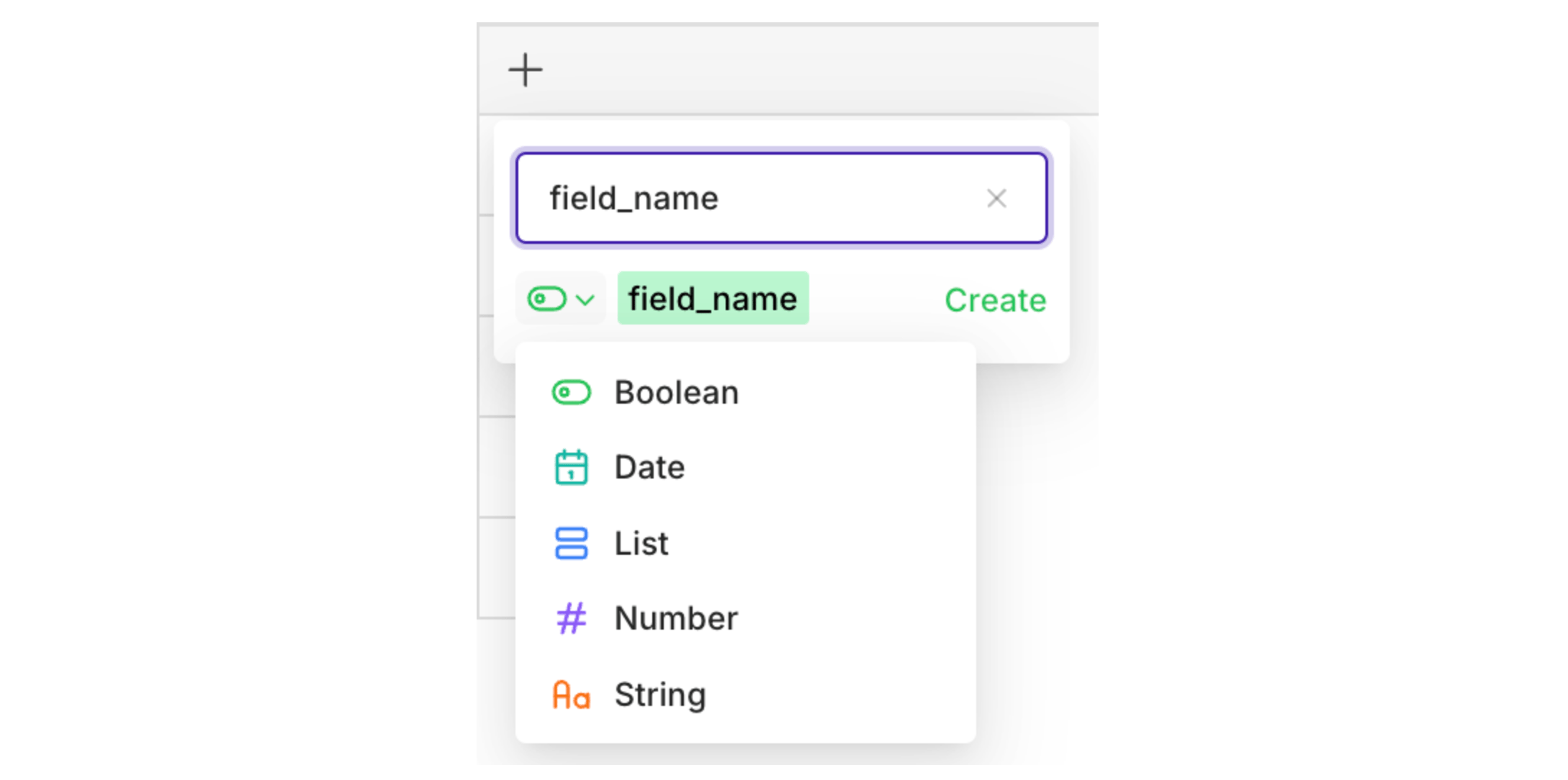 Context field creation dropdown with field_name entered and type options including Boolean, Date, List, Number, and String.