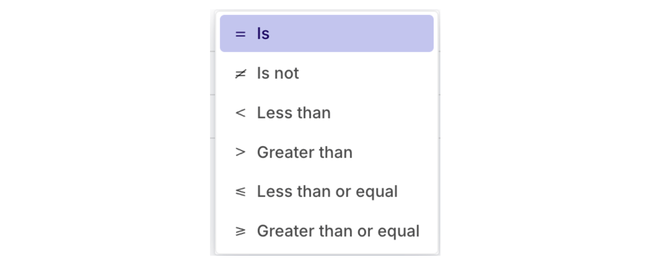 Operator dropdown showing options: Is, Is not, Less than, Greater than, Less than or equal, and Greater than or equal.