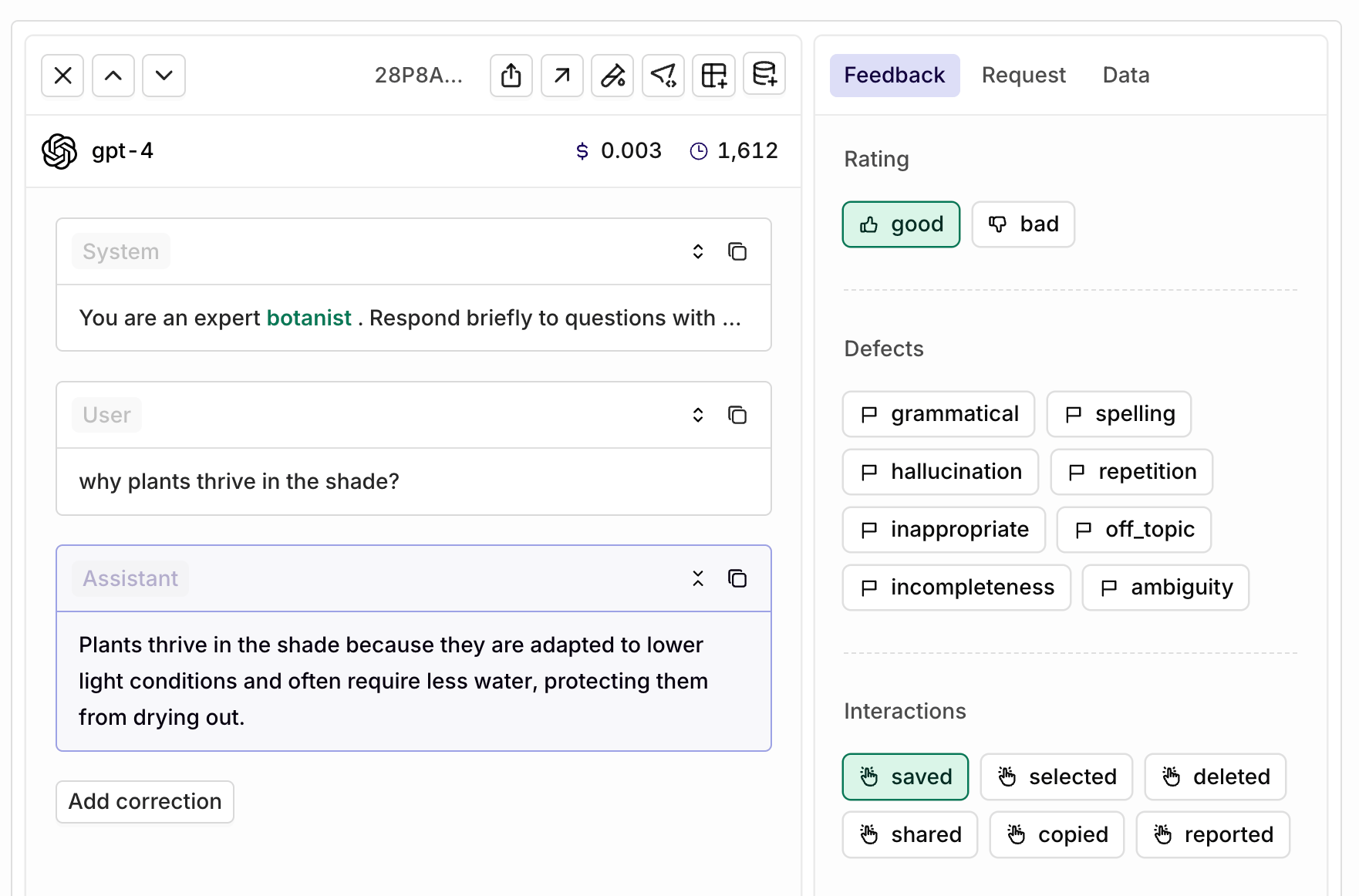 Log panel showing a botanist assistant conversation with Rating (good/bad), Defects, and Interactions annotation options on the right, and an Add correction button below the assistant response.
