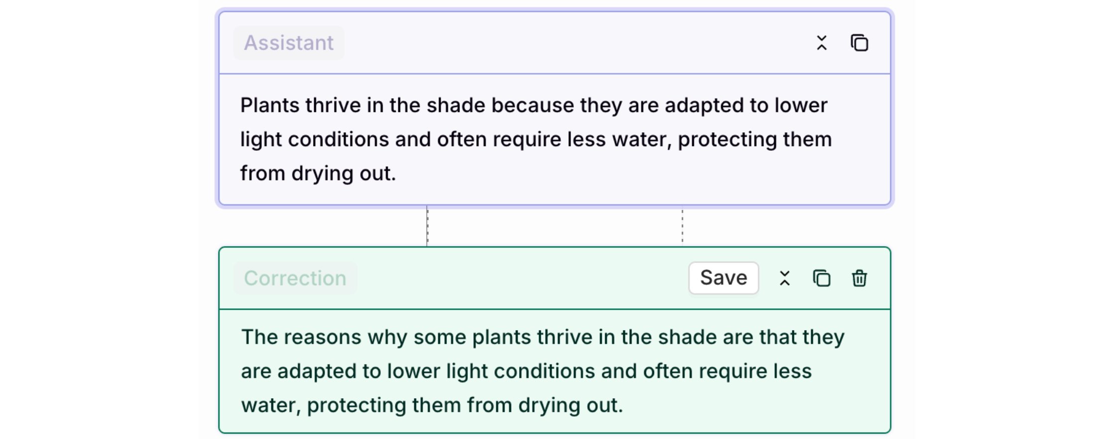 Original assistant response shown in purple above a Correction box in green, with the corrected text entered and a Save button.