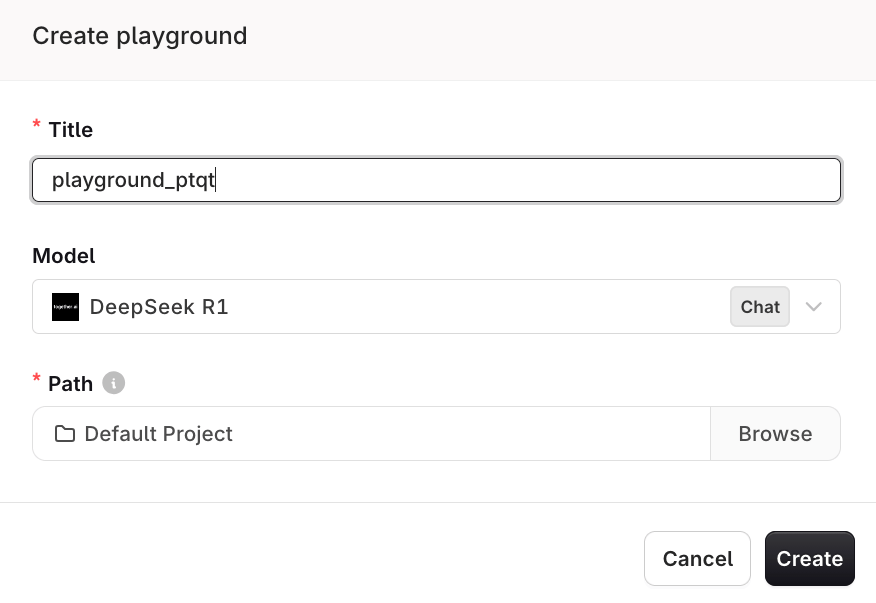 Create playground modal with Title field, Model selector, and Path selector set to Default Project.